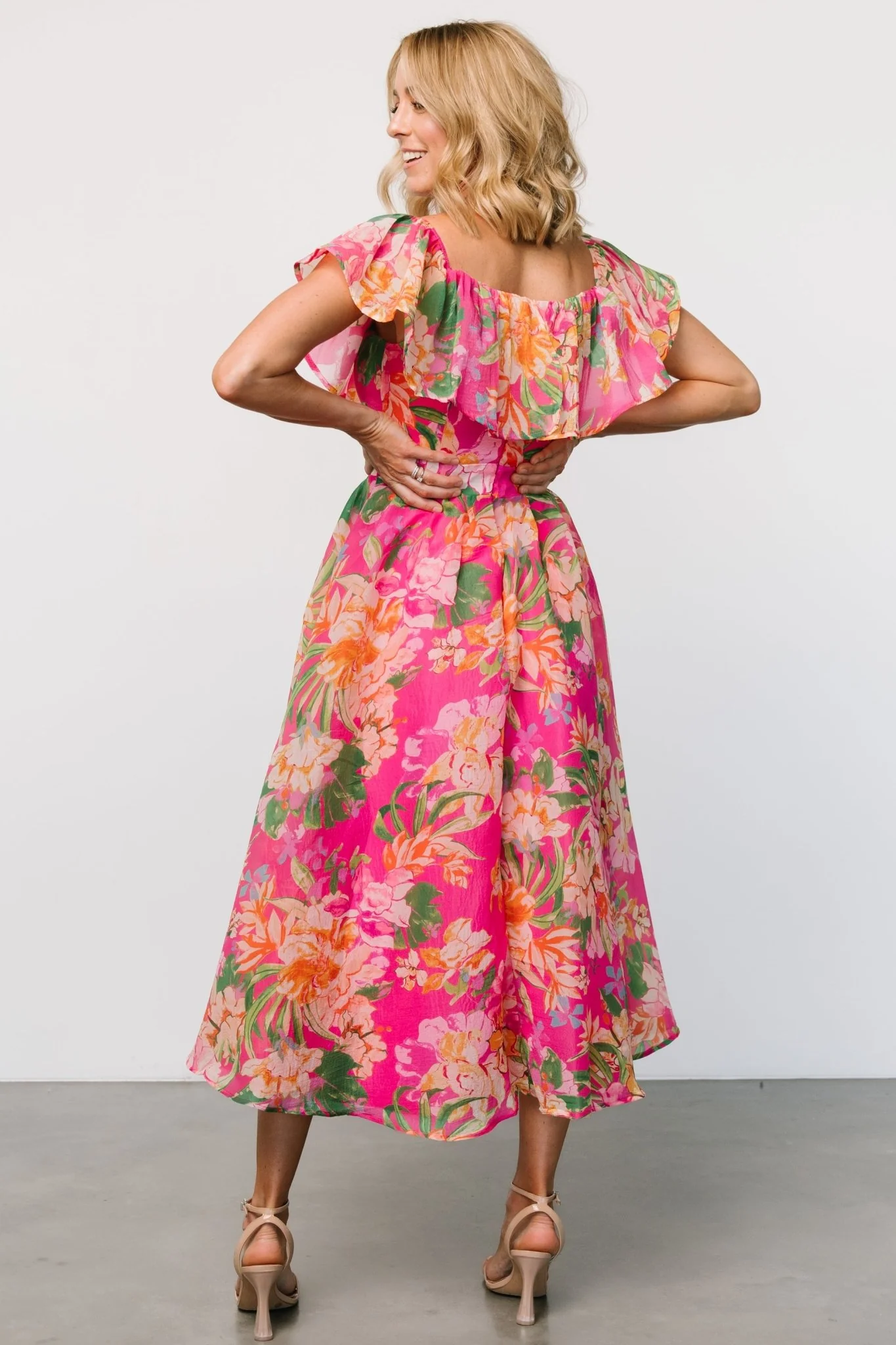 Kartini Off Shoulder Midi Dress | Fuchsia Multi