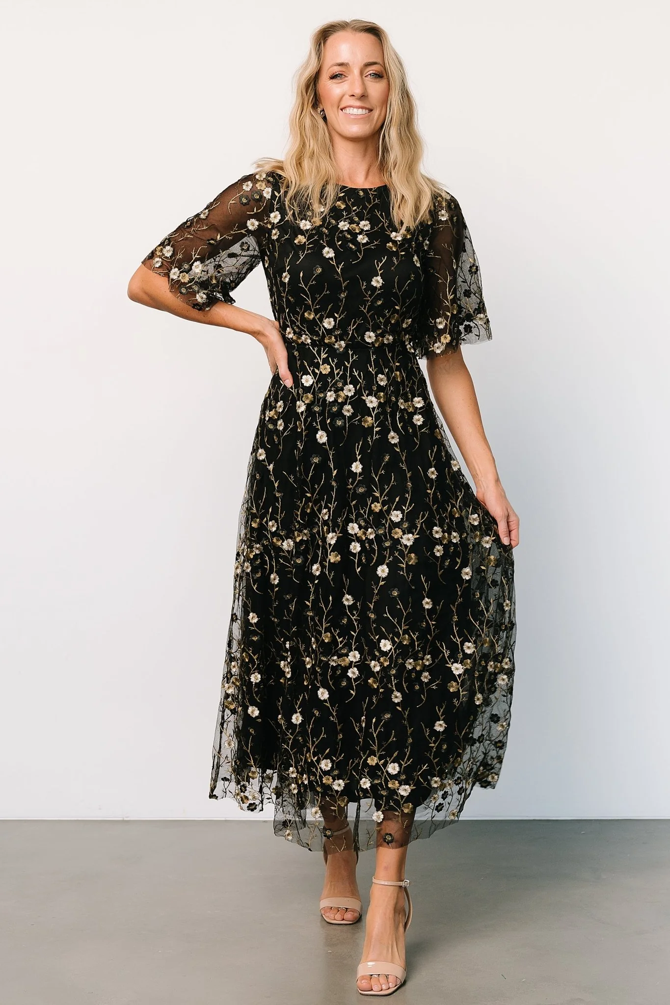 Arabella Embroidered Tulle Maxi Dress | Gold + Black