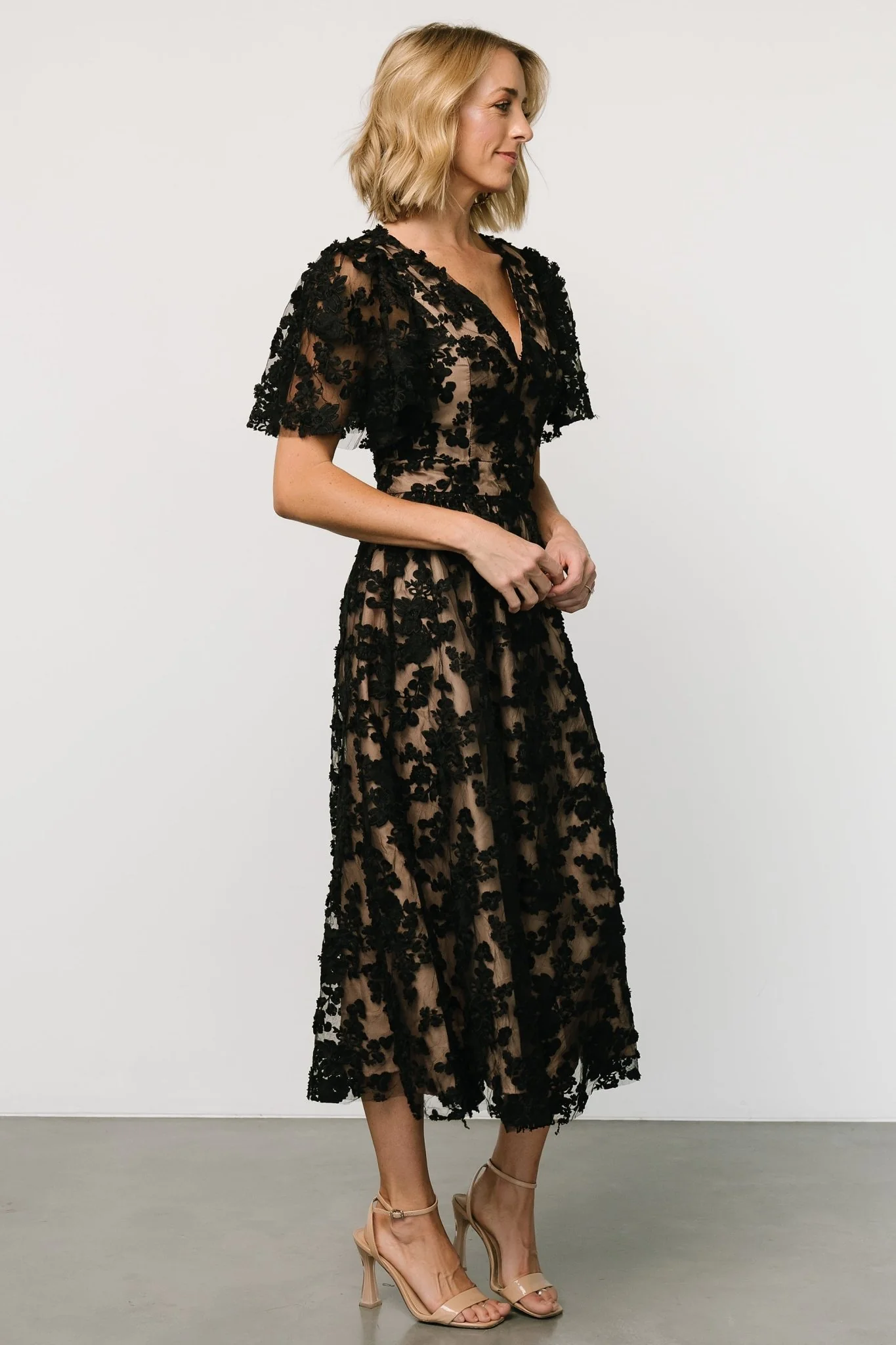Sadie Embroidered Midi Dress | Black + Nude