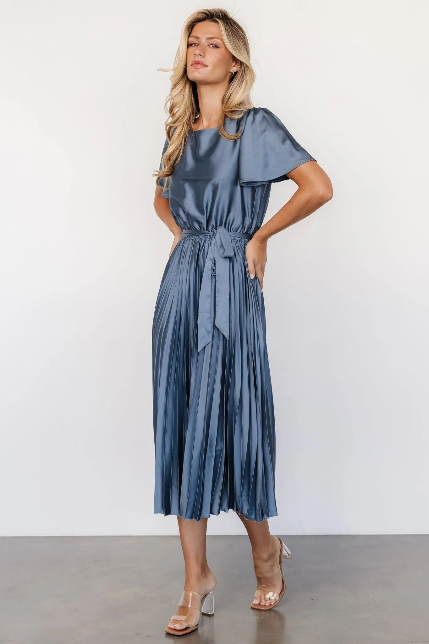 Adelaide Pleated Satin Dress | Blue