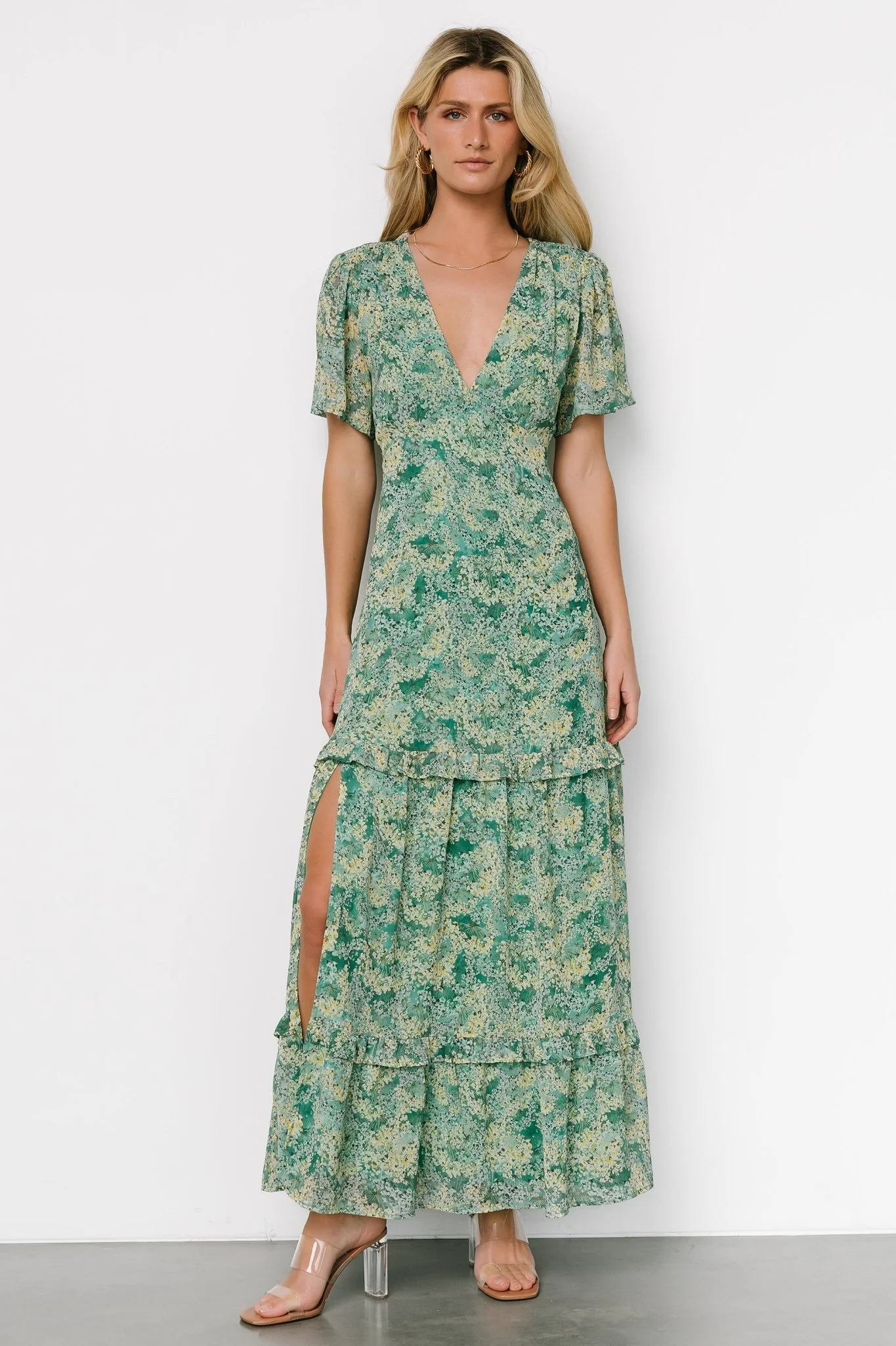 Audrey Deep V Maxi Dress | Green Floral