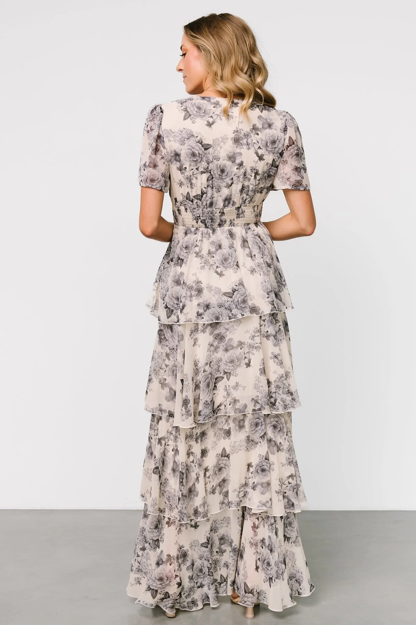 Montaigne Ruffle Maxi Dress | Beige + Slate Floral