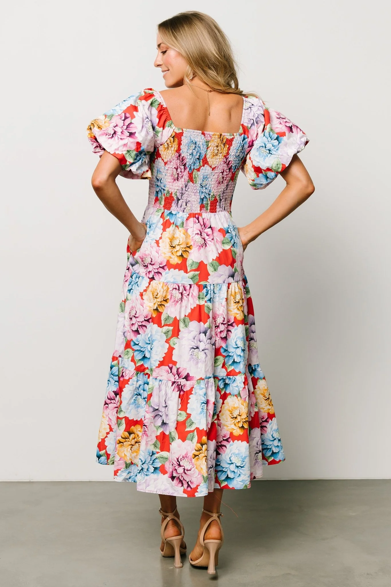 Iva Puff Sleeve Midi Dress | Red Multi Floral