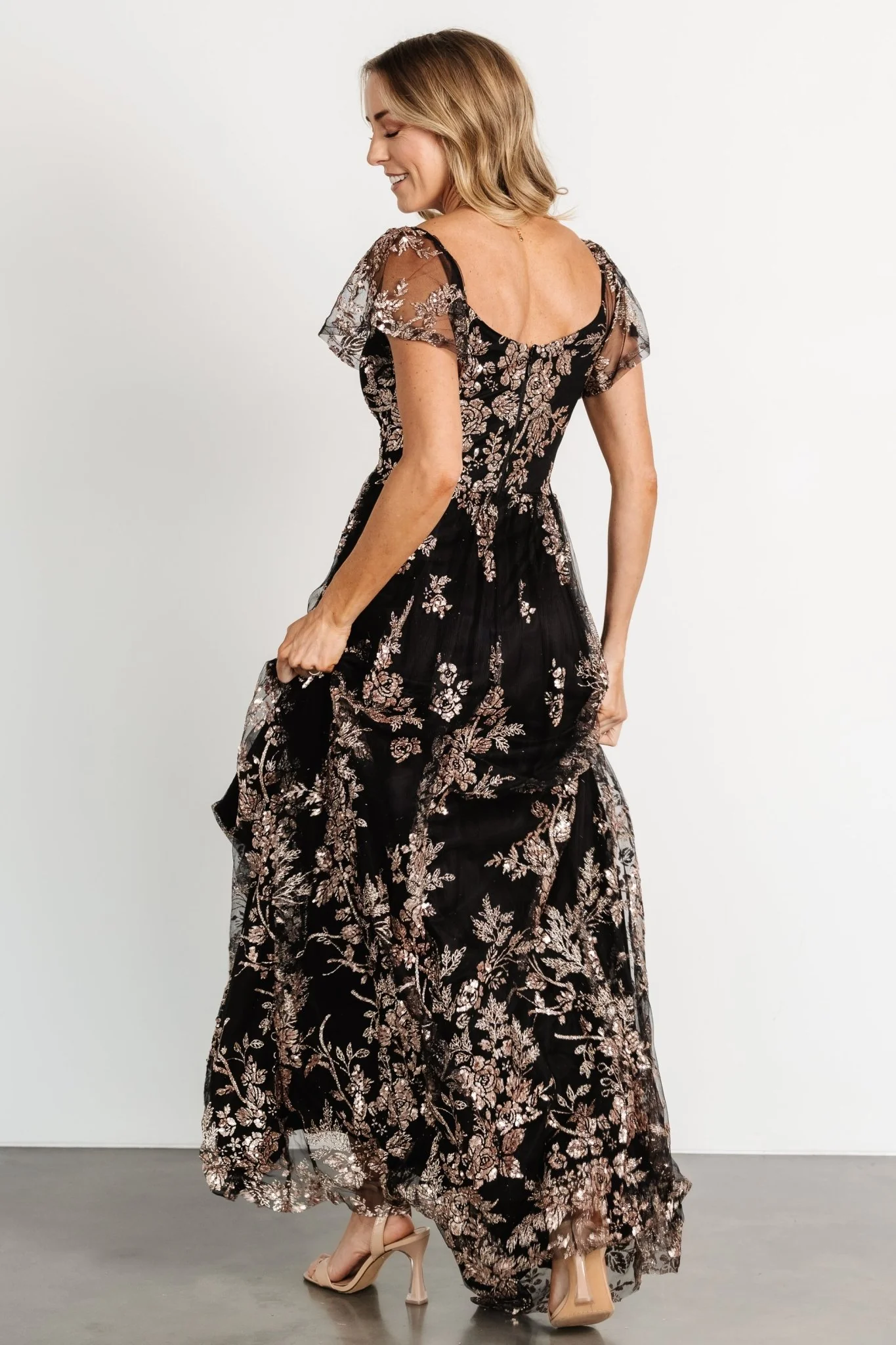 Corinne Shimmer Maxi Gown | Black + Rose Gold