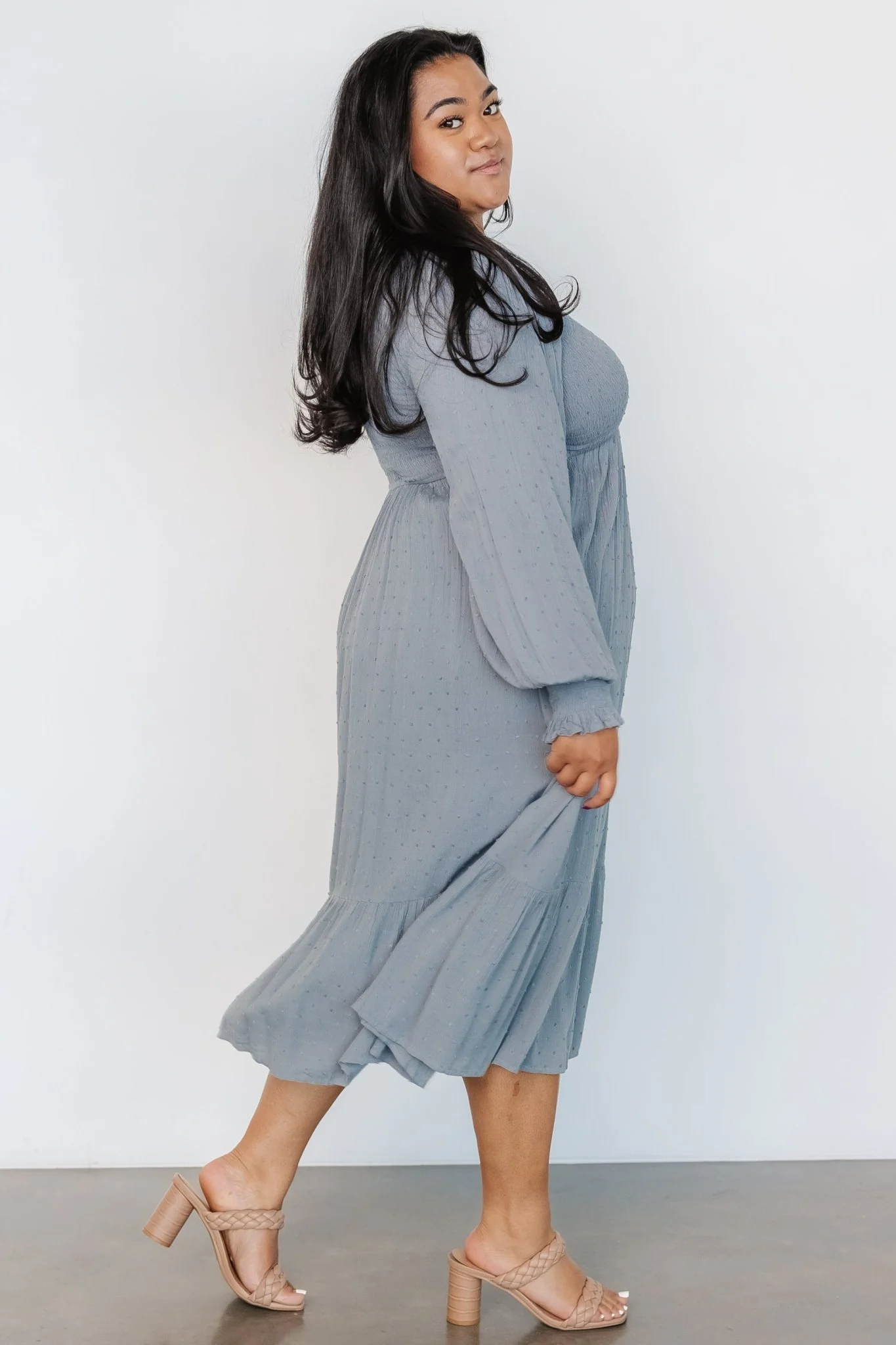 Lainey Smocked Dotted Midi Dress | Dusty Blue