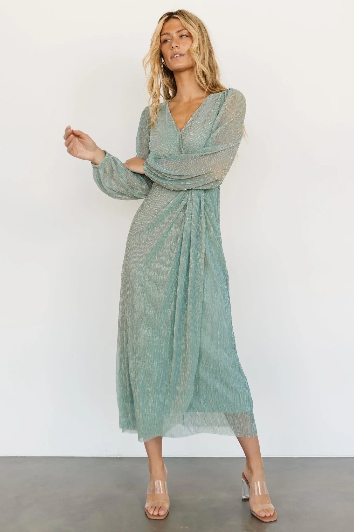 Devlyn Pleated Dress | Blue Sage Shimmer