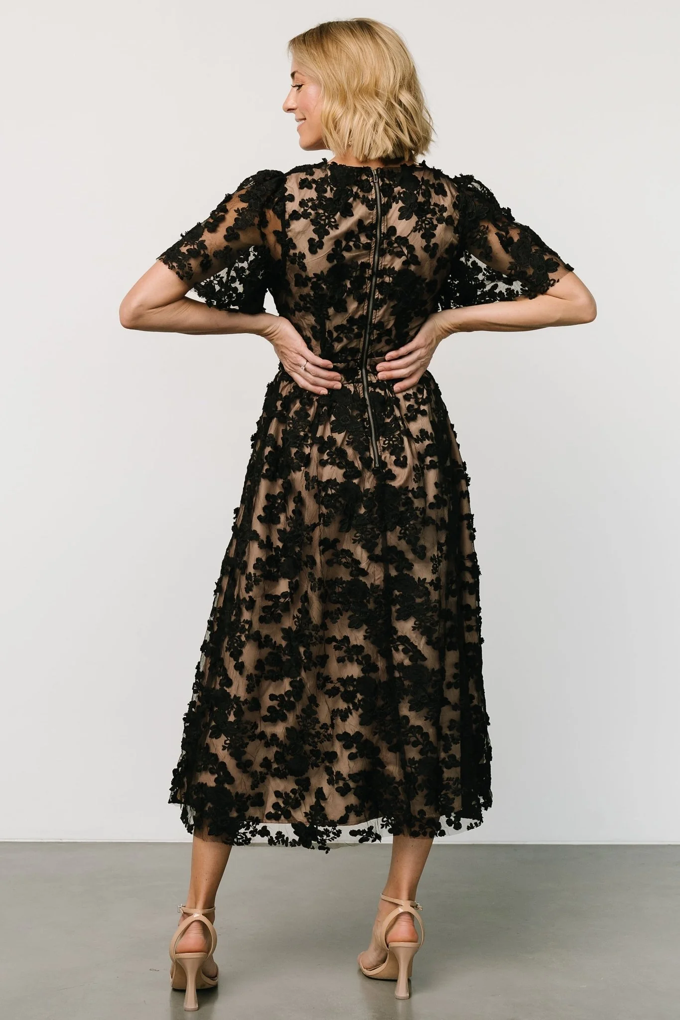 Sadie Embroidered Midi Dress | Black + Nude