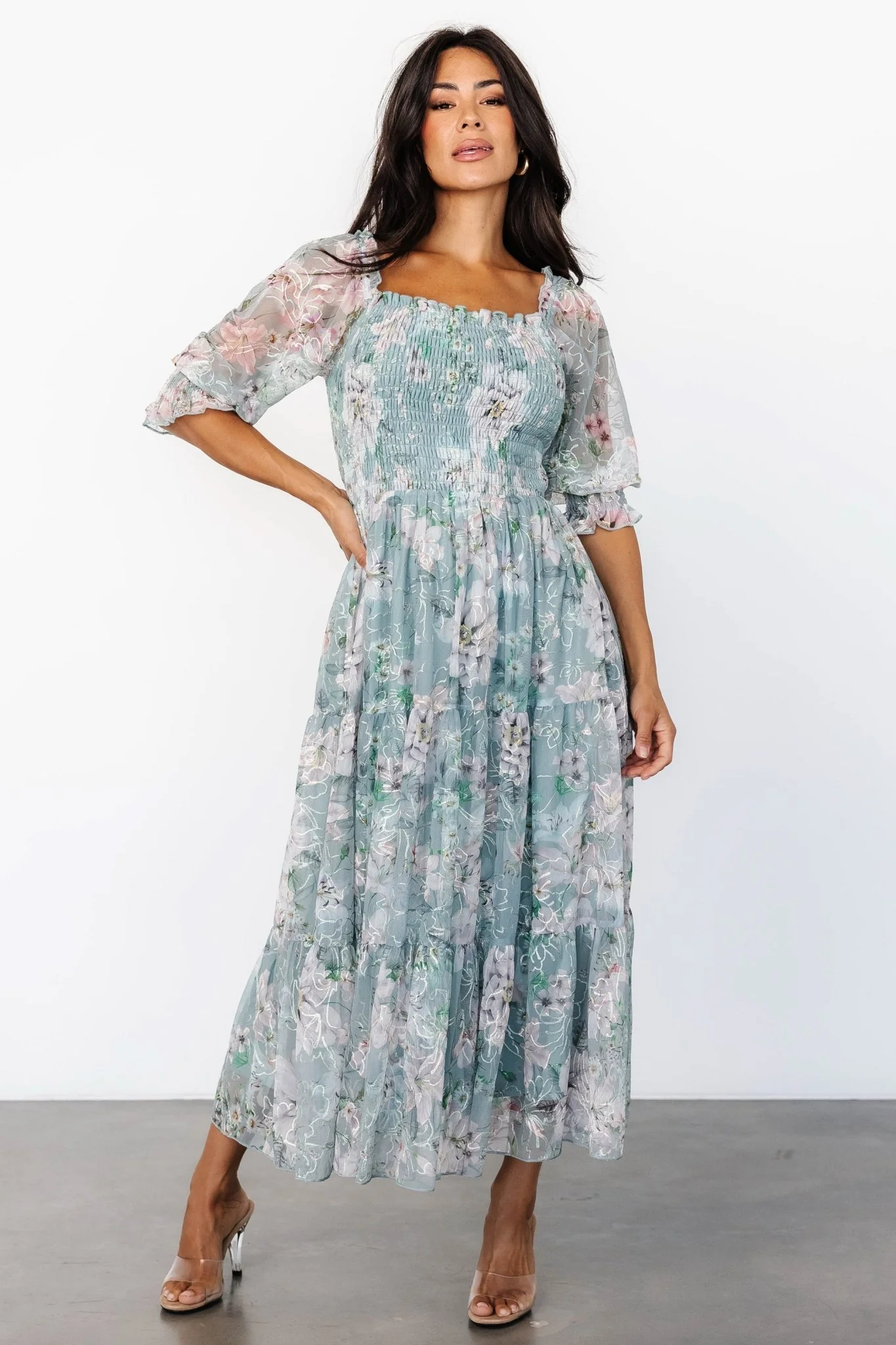 Fabian Jacquard Midi Dress | Light Sage + Blush