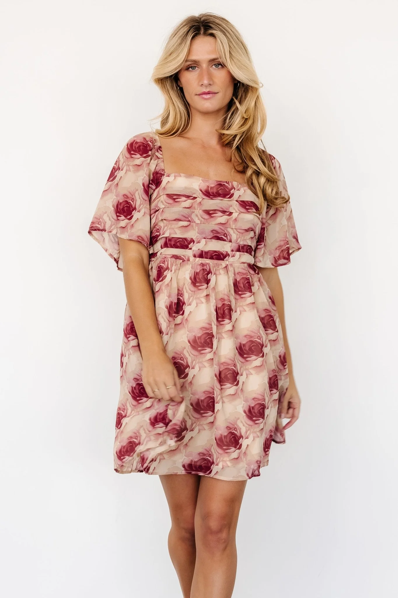 Jaycee Pleated Short Dress | Cream + Burgundy Floral