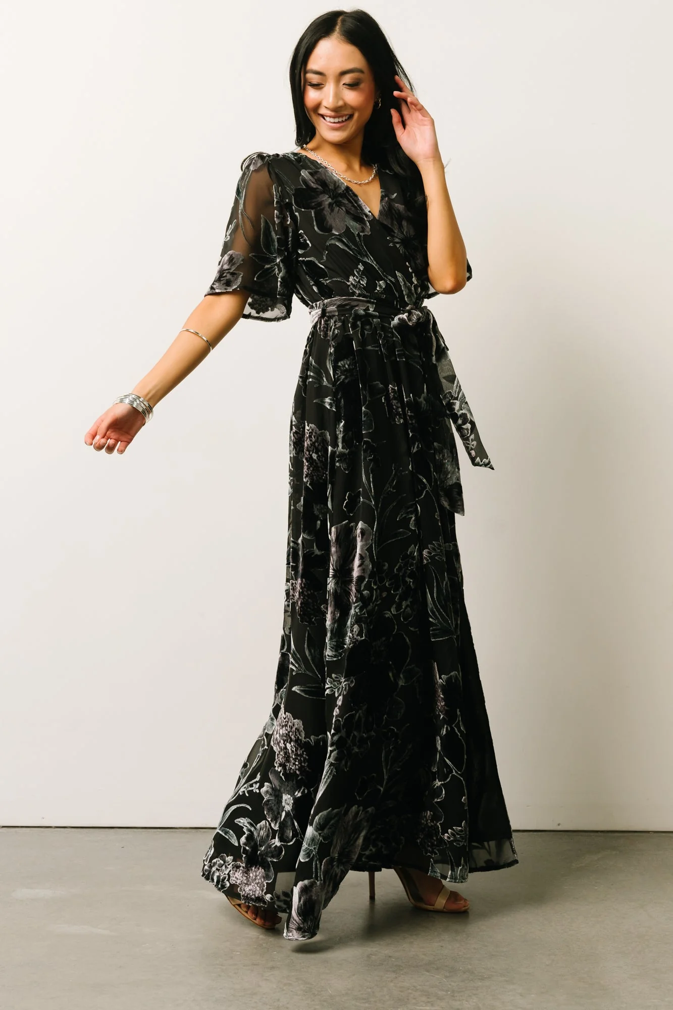 Uma Velvet Maxi Dress | Black + Silver Floral
