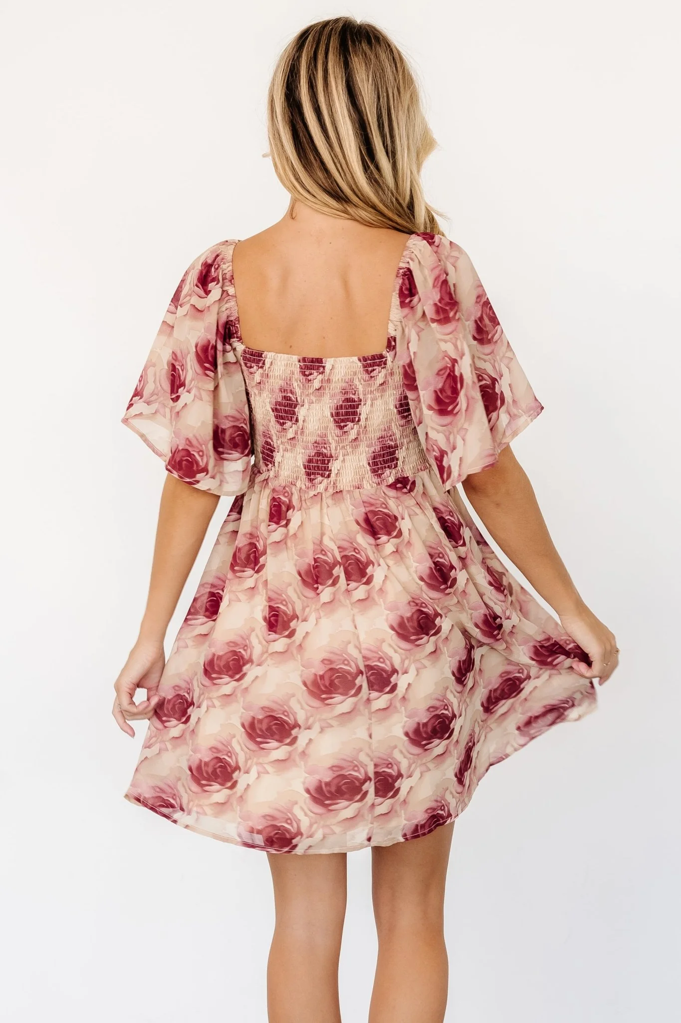Jaycee Pleated Short Dress | Cream + Burgundy Floral