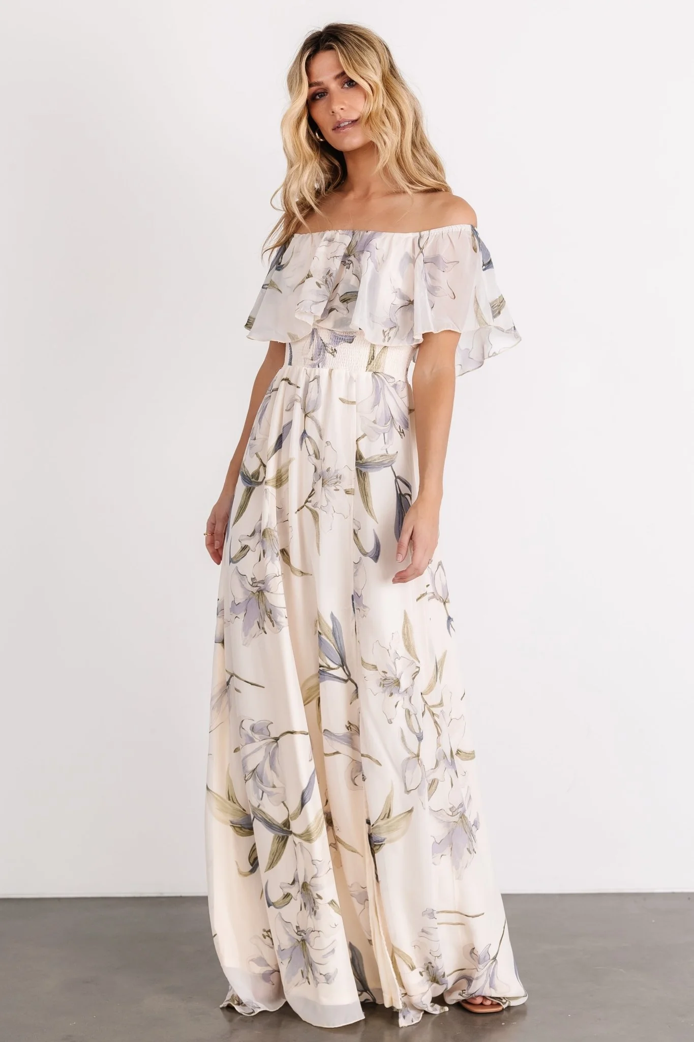 Daphne Off Shoulder Maxi Dress | Beige + Blue Floral