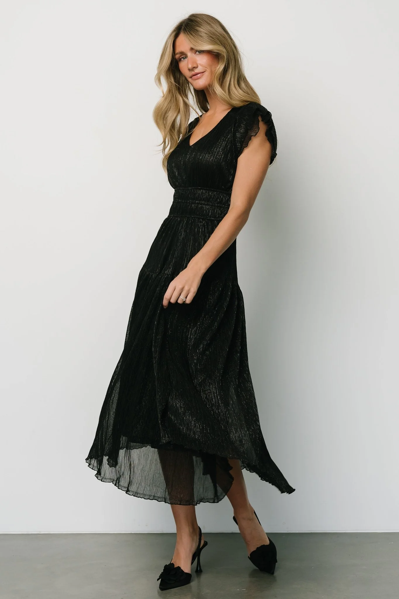 Miley Pleated Shimmer Dress | Black