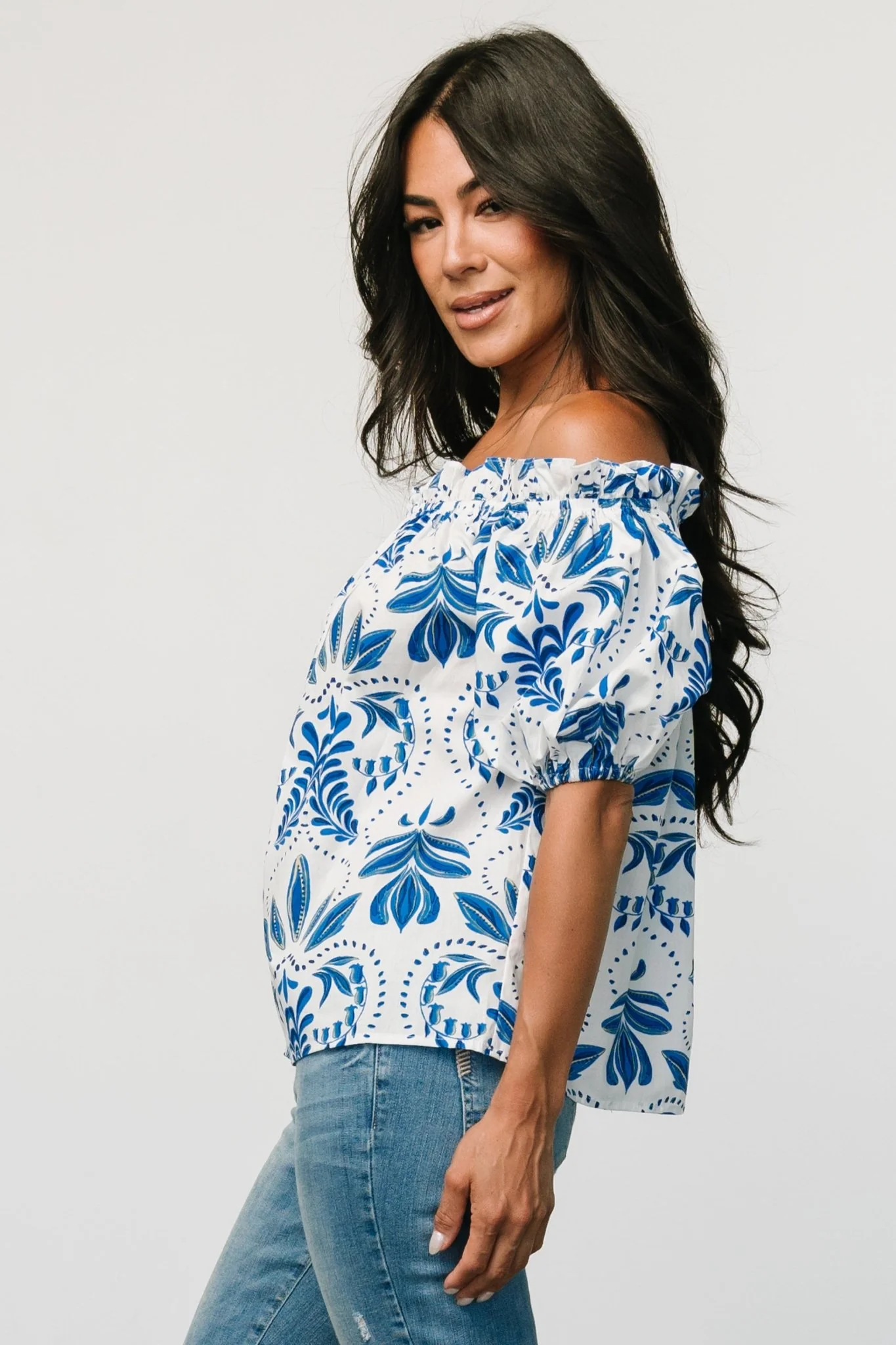Santorini Off Shoulder Top | White + Blue