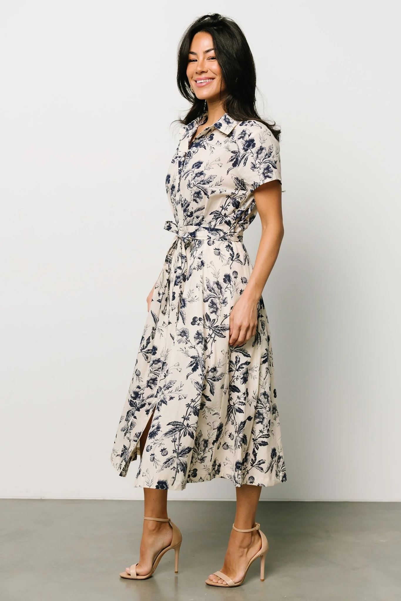 Lorna Midi Dress | Beige + Navy Print