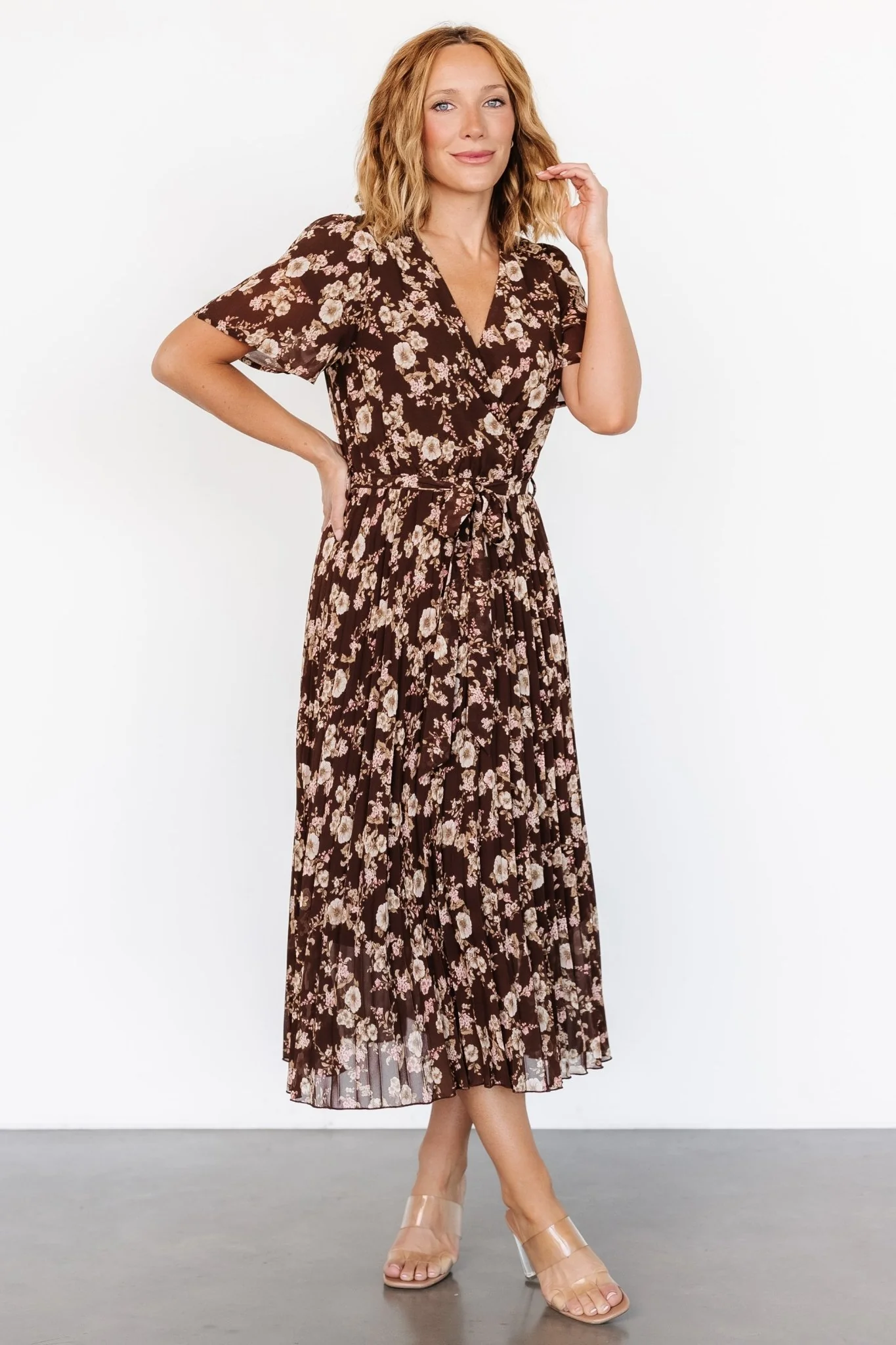 Cassidy Pleated Midi Dress | Brown Floral