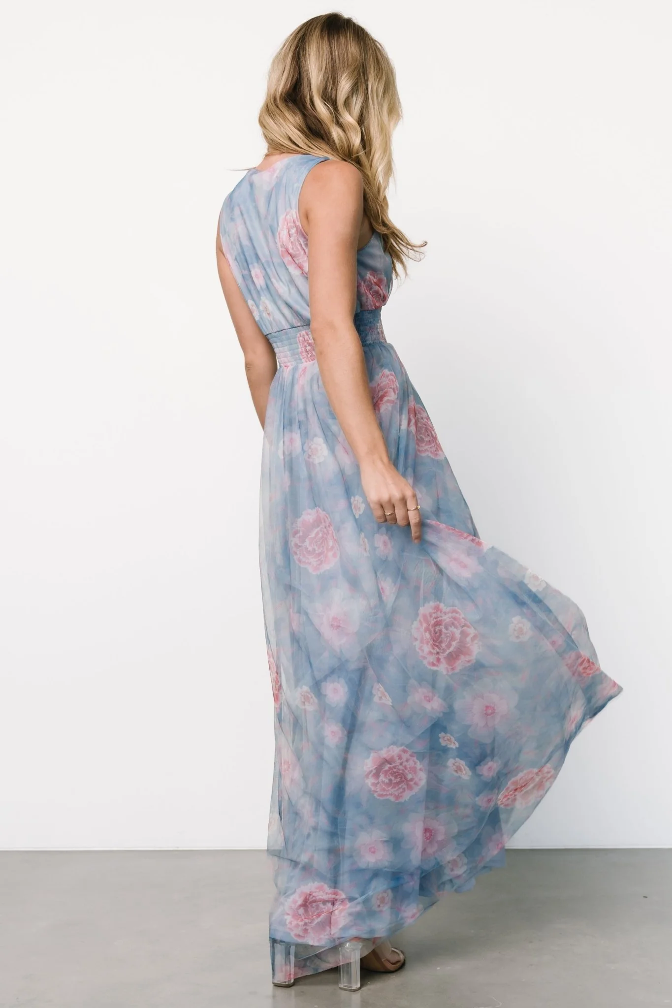 Kamila Tulle Maxi Dress | Light Blue + Pink Floral