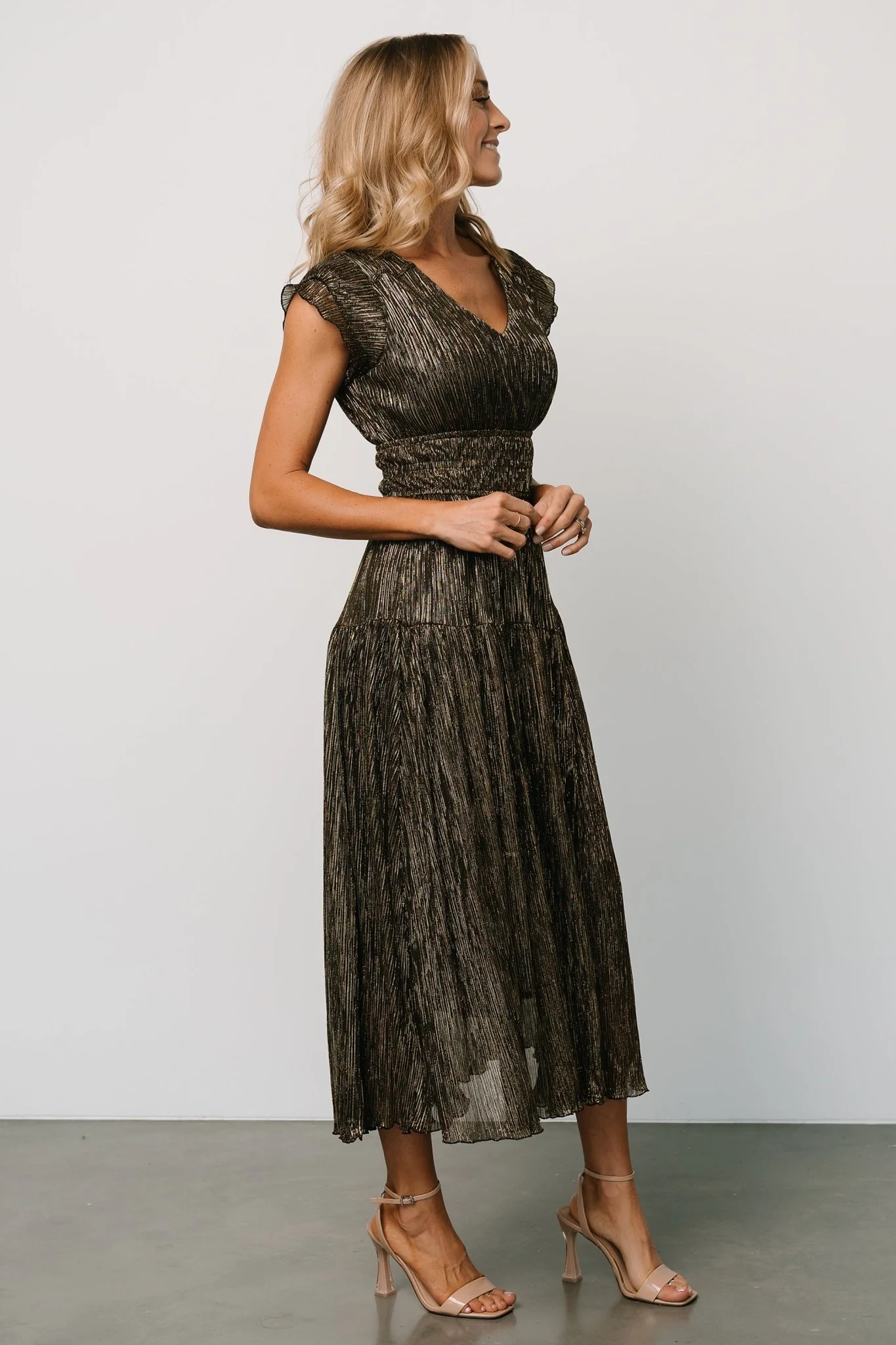 Miley Pleated Shimmer Dress | Gold