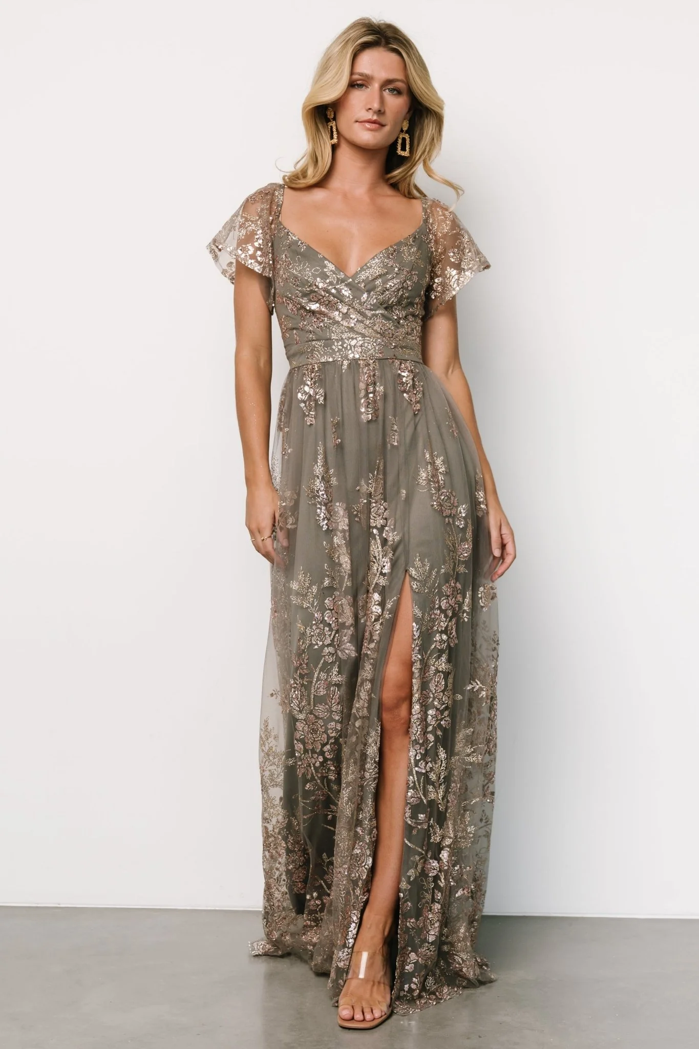 Corinne Shimmer Maxi Gown | Dark Sage + Rose Gold