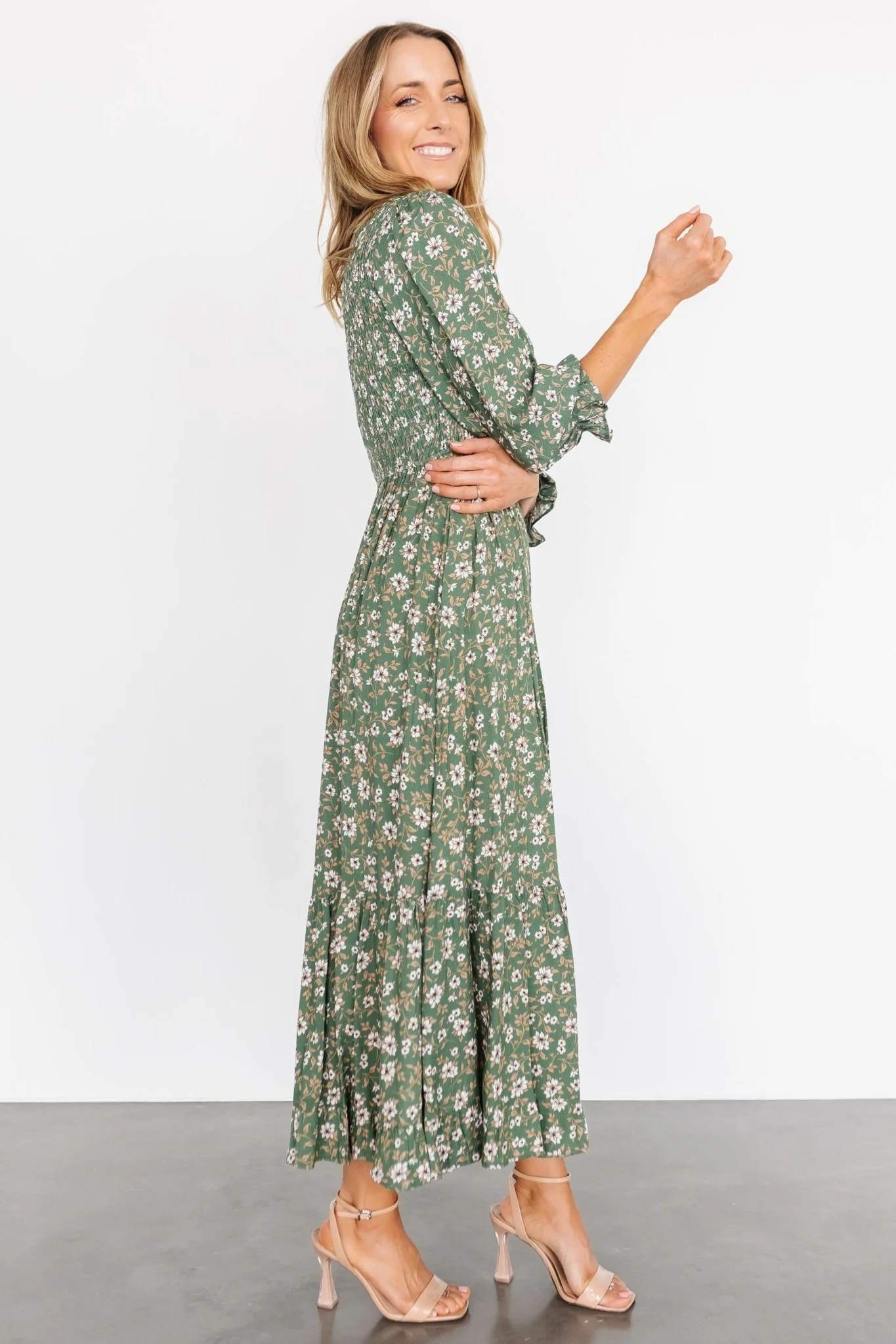 Tarryn Smocked Midi Dress | Olive Floral