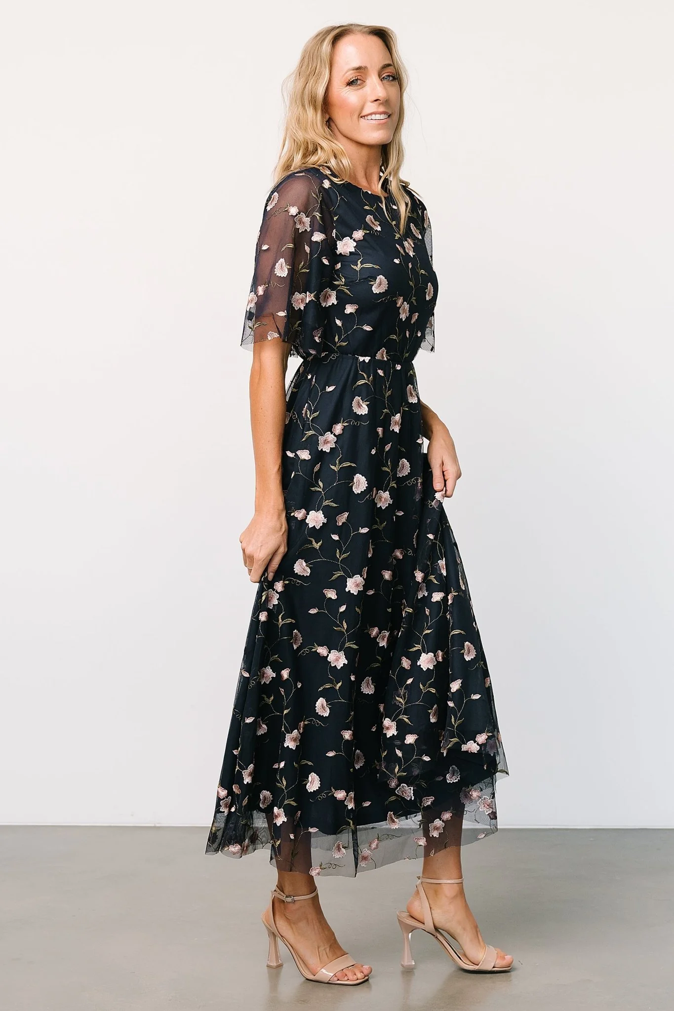 Arabella Embroidered Tulle Maxi Dress | Pink + Navy