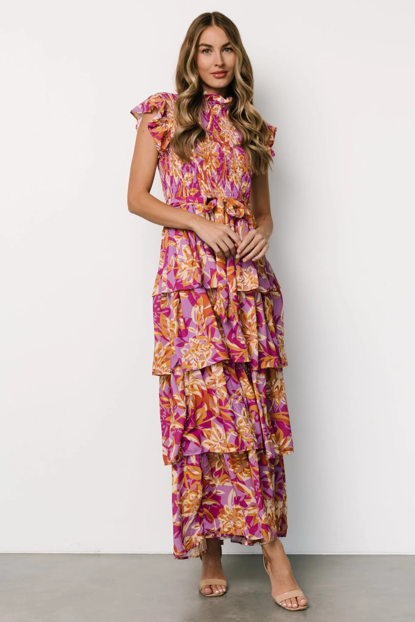 Mya Smocked Maxi Dress | Orchid + Gold Print