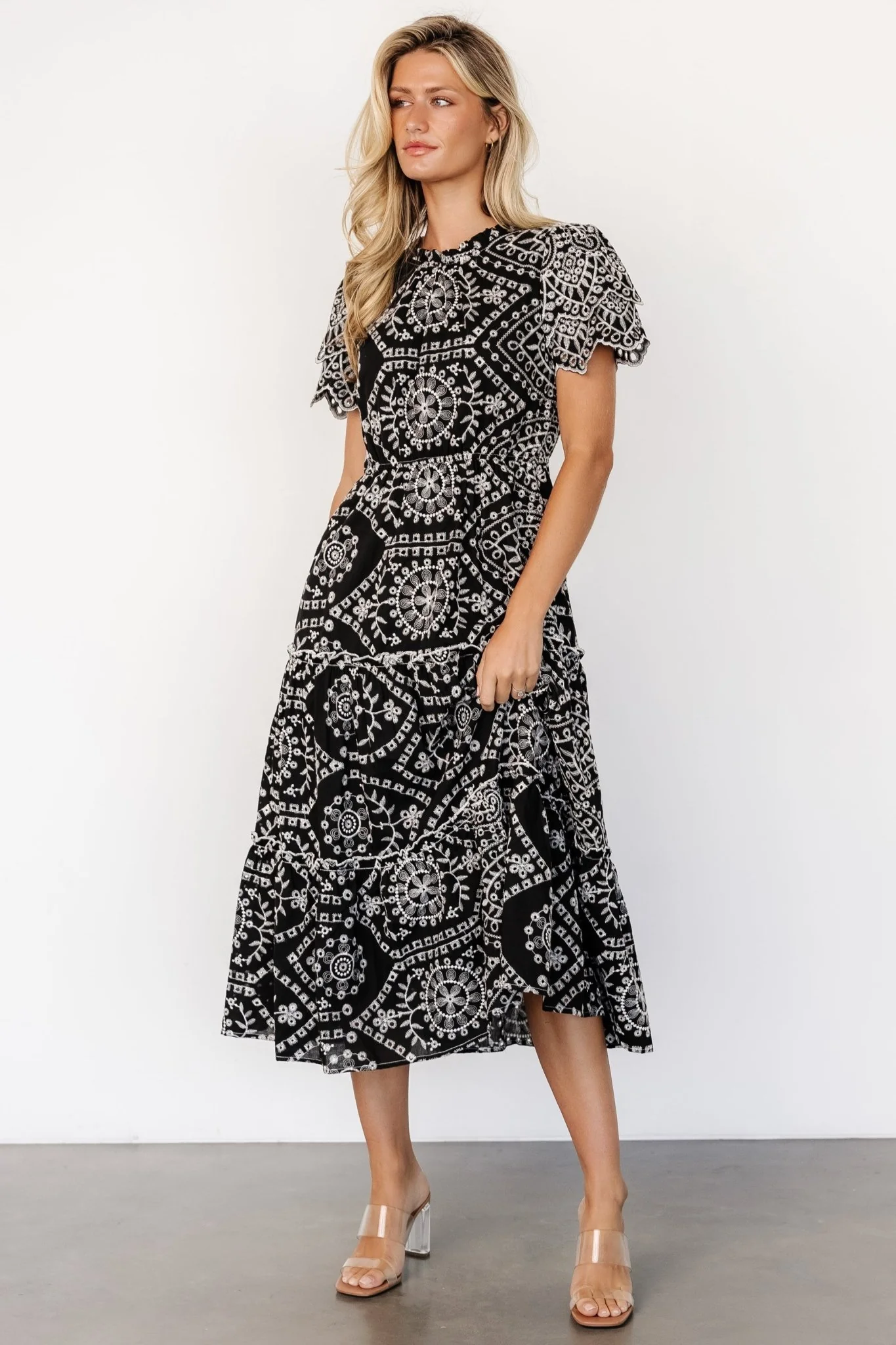 Mirabel Eyelet Midi Dress | Black + White
