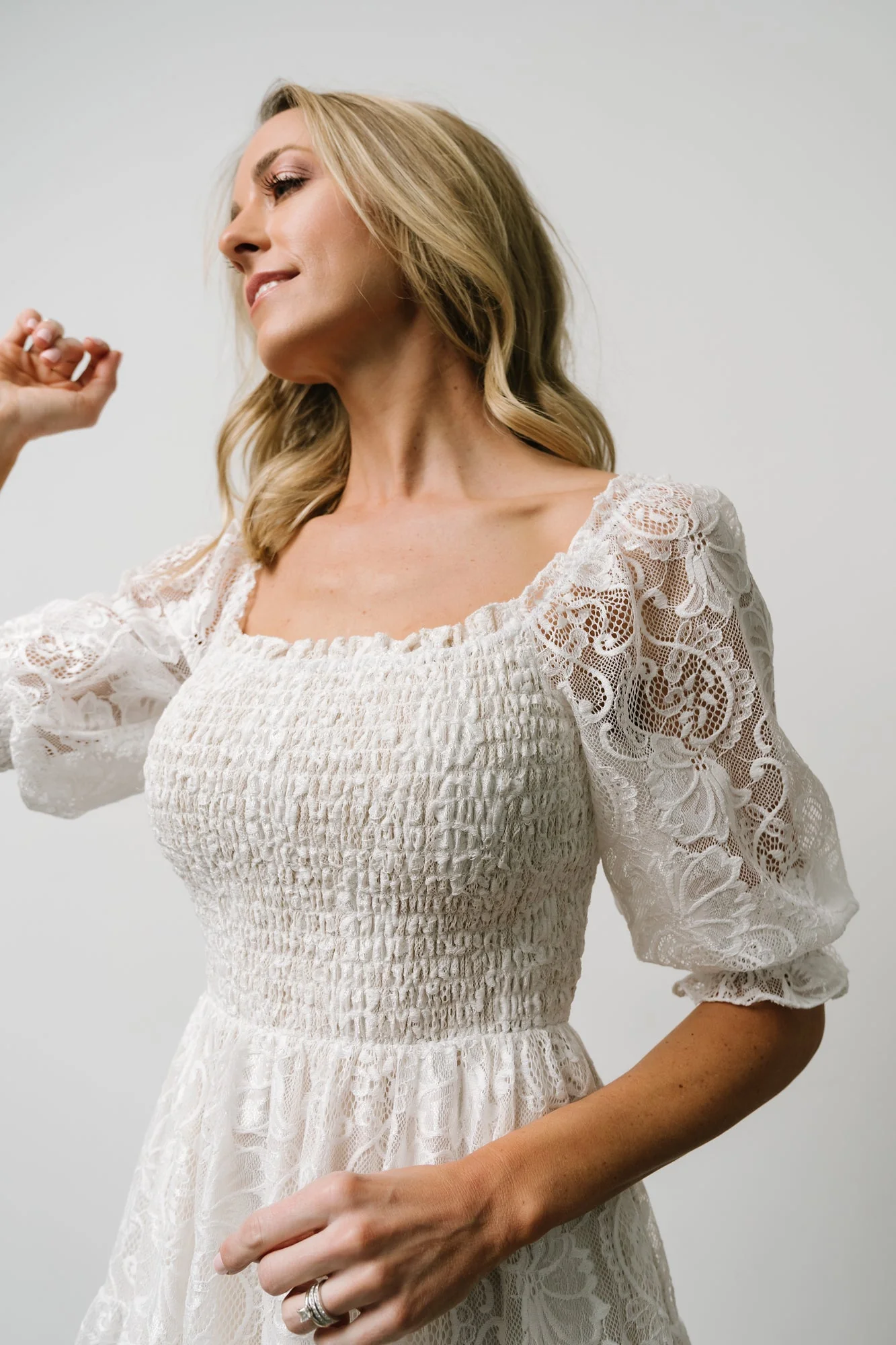 Tate Smocked Lace Short Dress | Off White