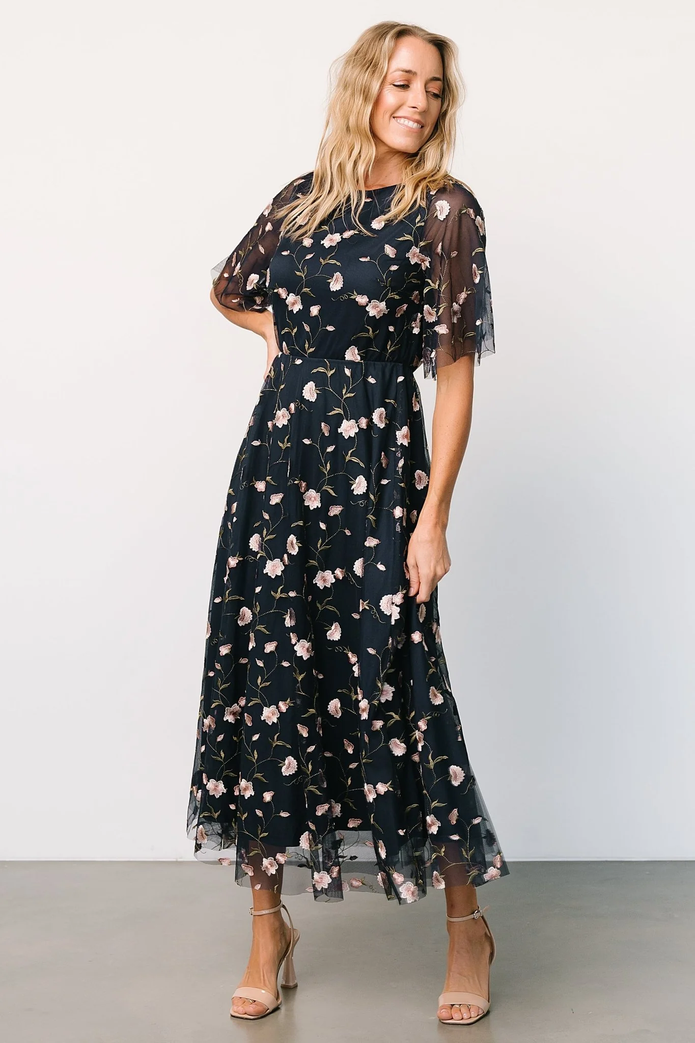 Arabella Embroidered Tulle Maxi Dress | Pink + Navy