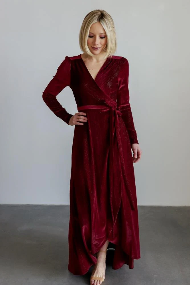 Serena Shimmer Velvet Wrap Dress | Merlot