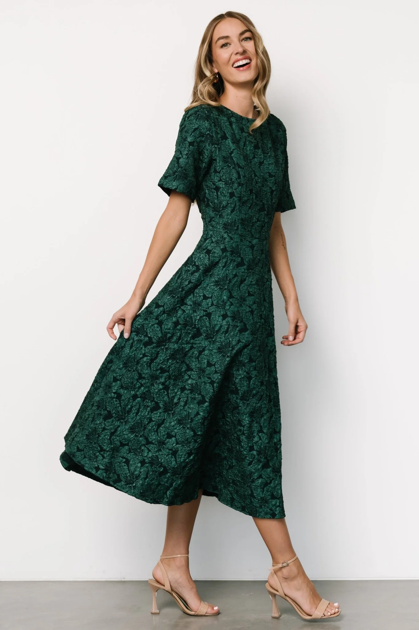 Kya Embossed Midi Dress | Emerald Green