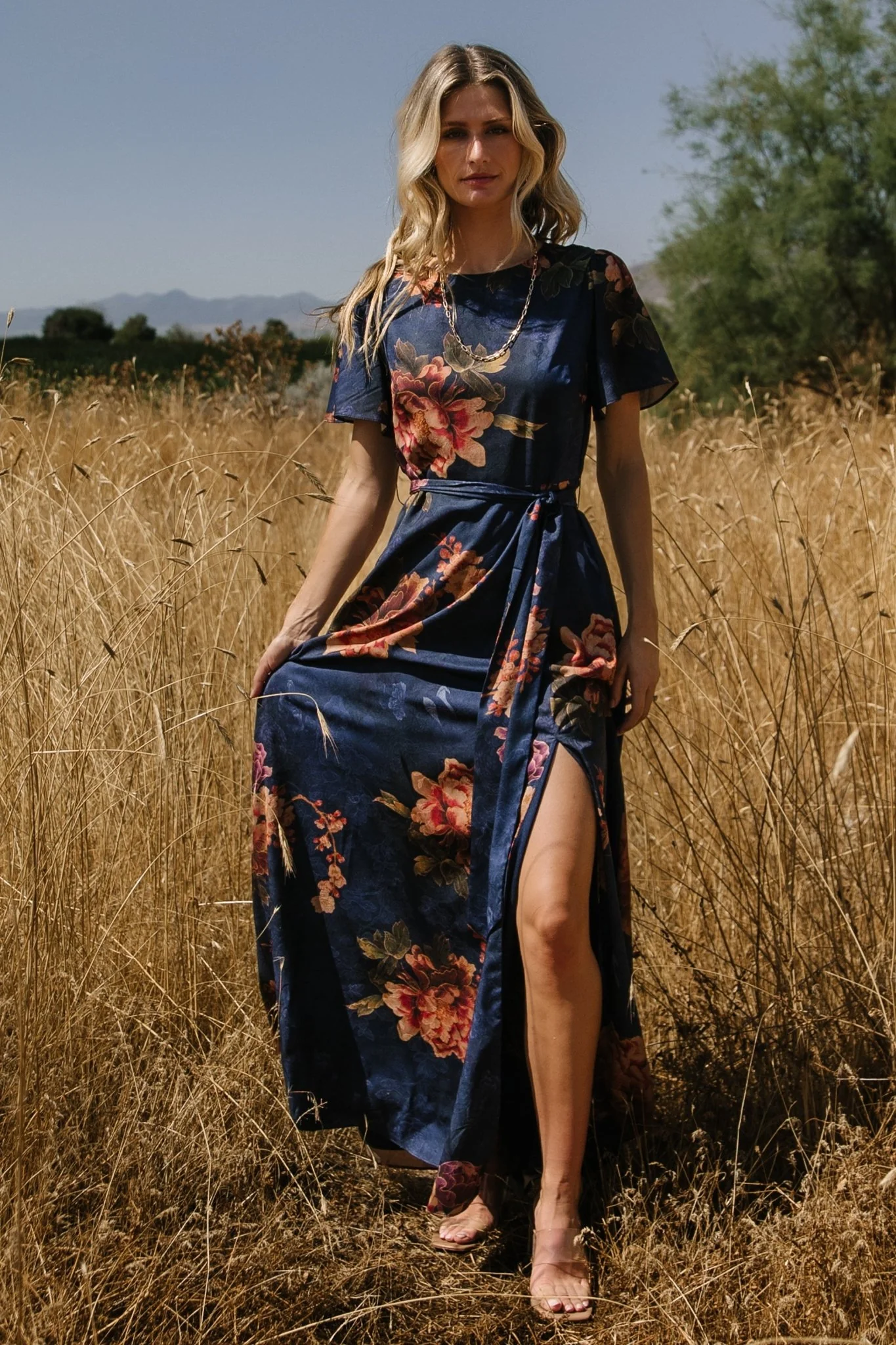Agnes Satin Maxi Dress | Navy Floral