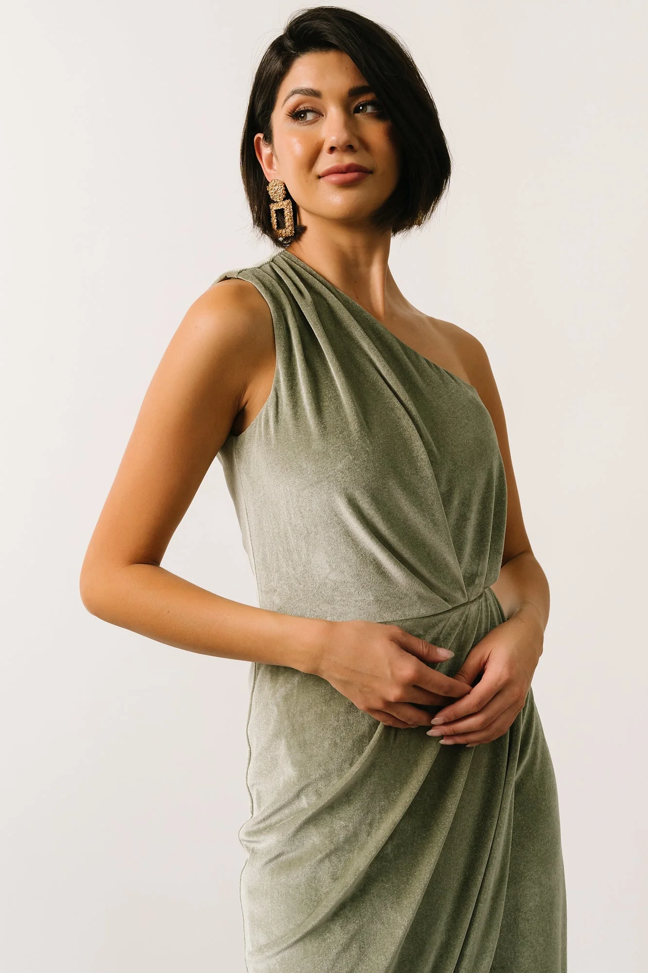 Kourtney Velvet One Shoulder Midi Dress | Sage