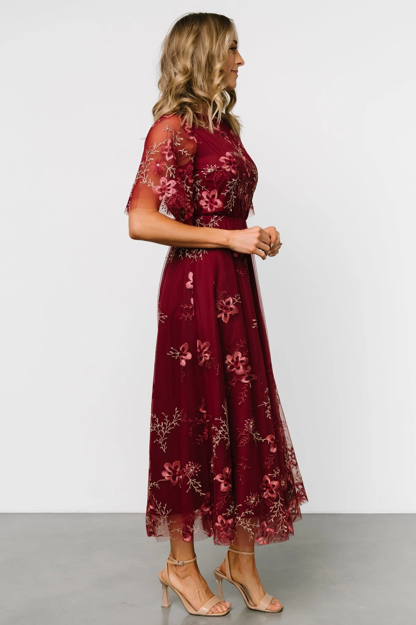 Arabella Embroidered Tulle Maxi Dress | Burgundy Floral