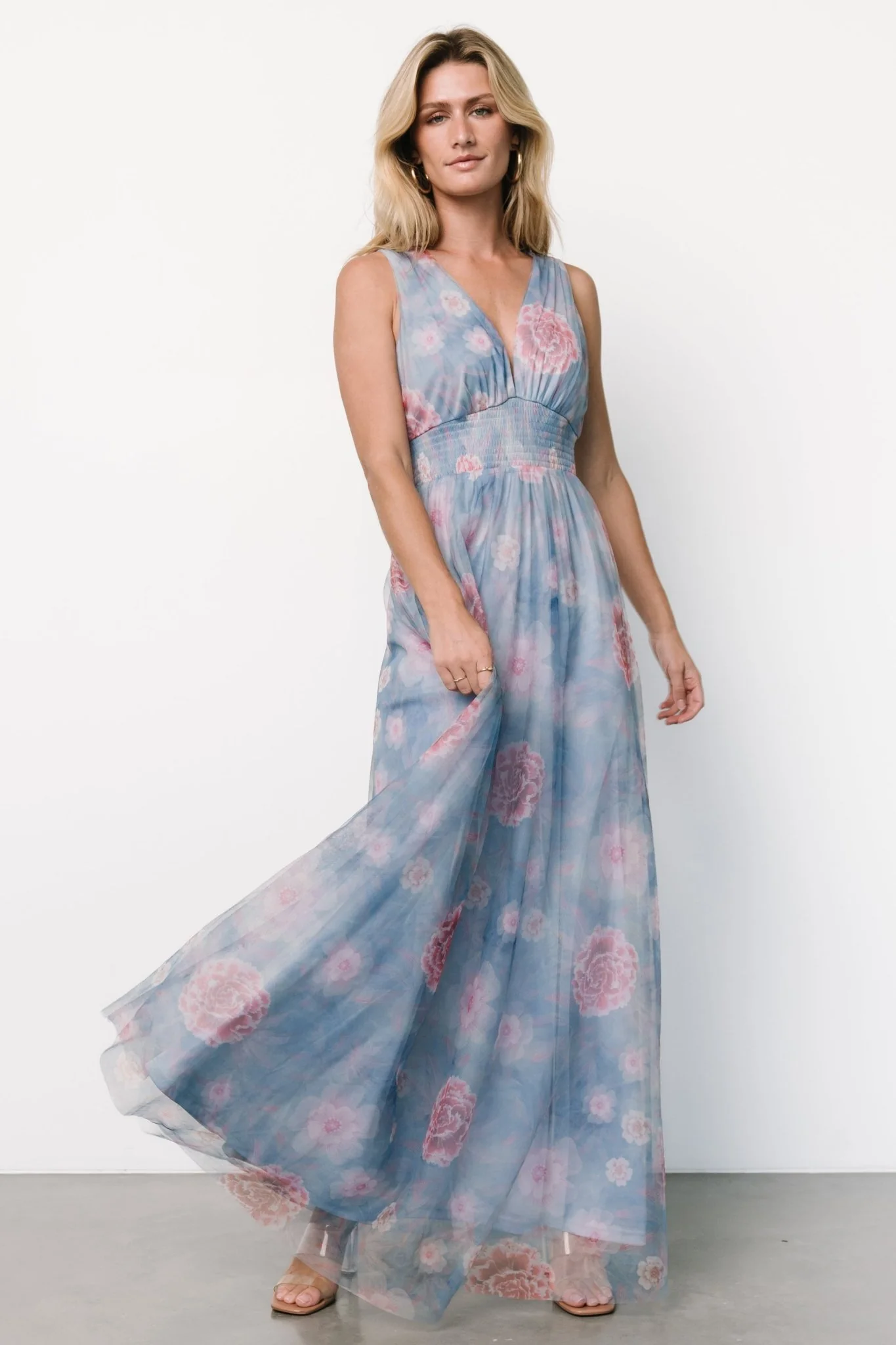 Kamila Tulle Maxi Dress | Light Blue + Pink Floral
