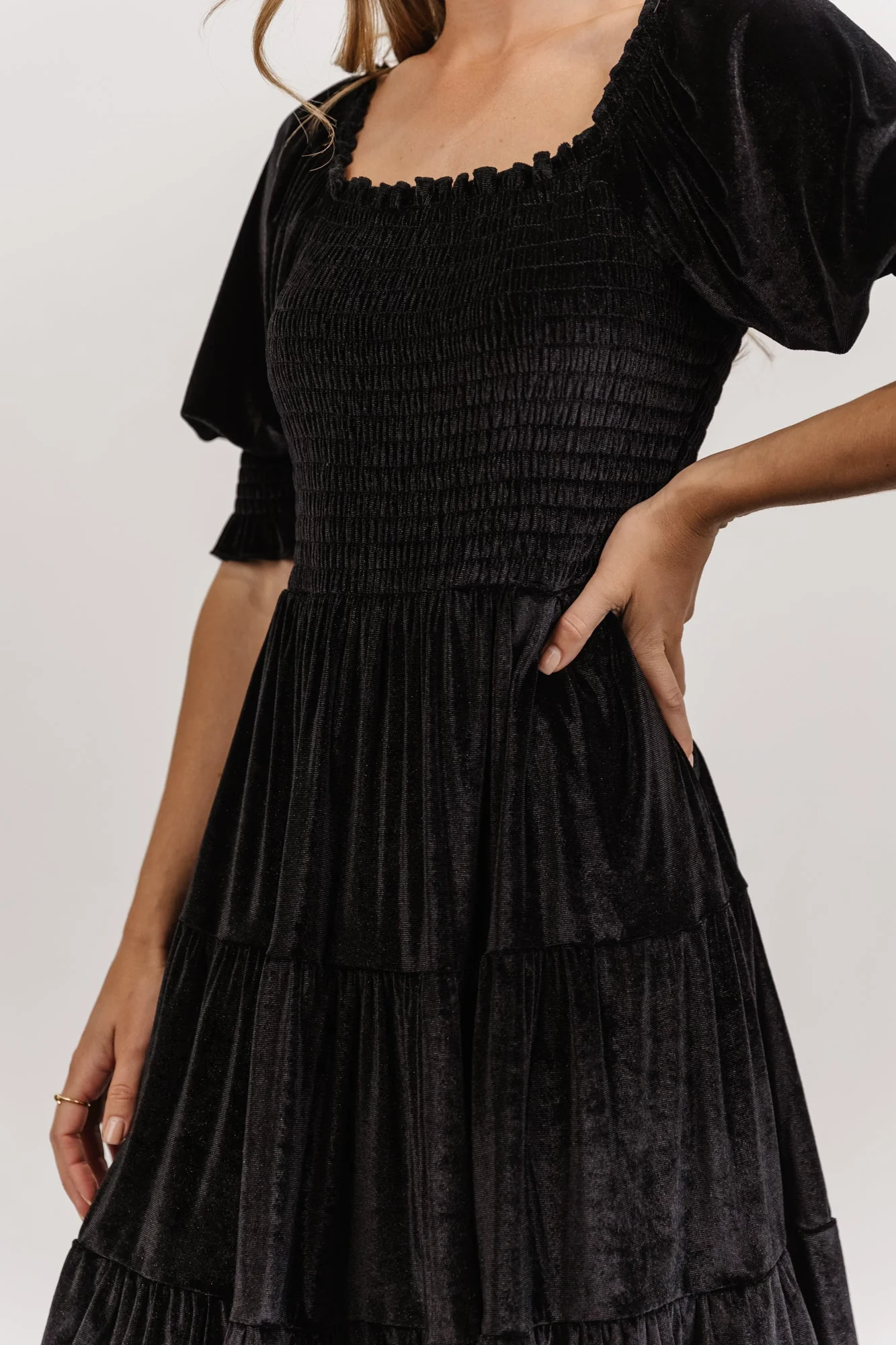 Bliss Smocked Velvet Short Dress | Black