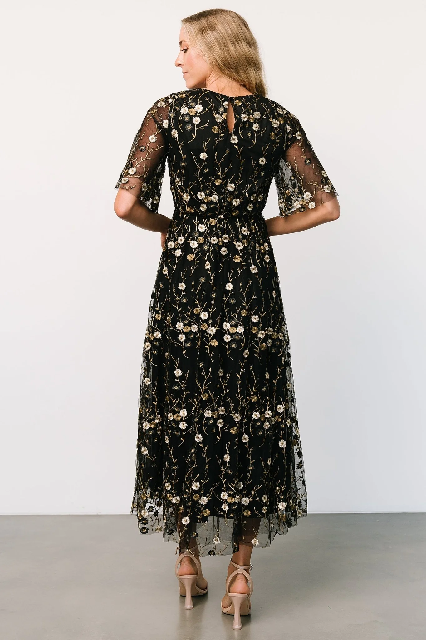 Arabella Embroidered Tulle Maxi Dress | Gold + Black