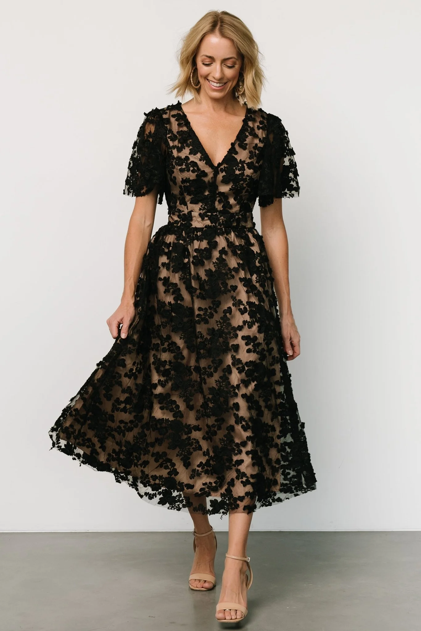 Sadie Embroidered Midi Dress | Black + Nude