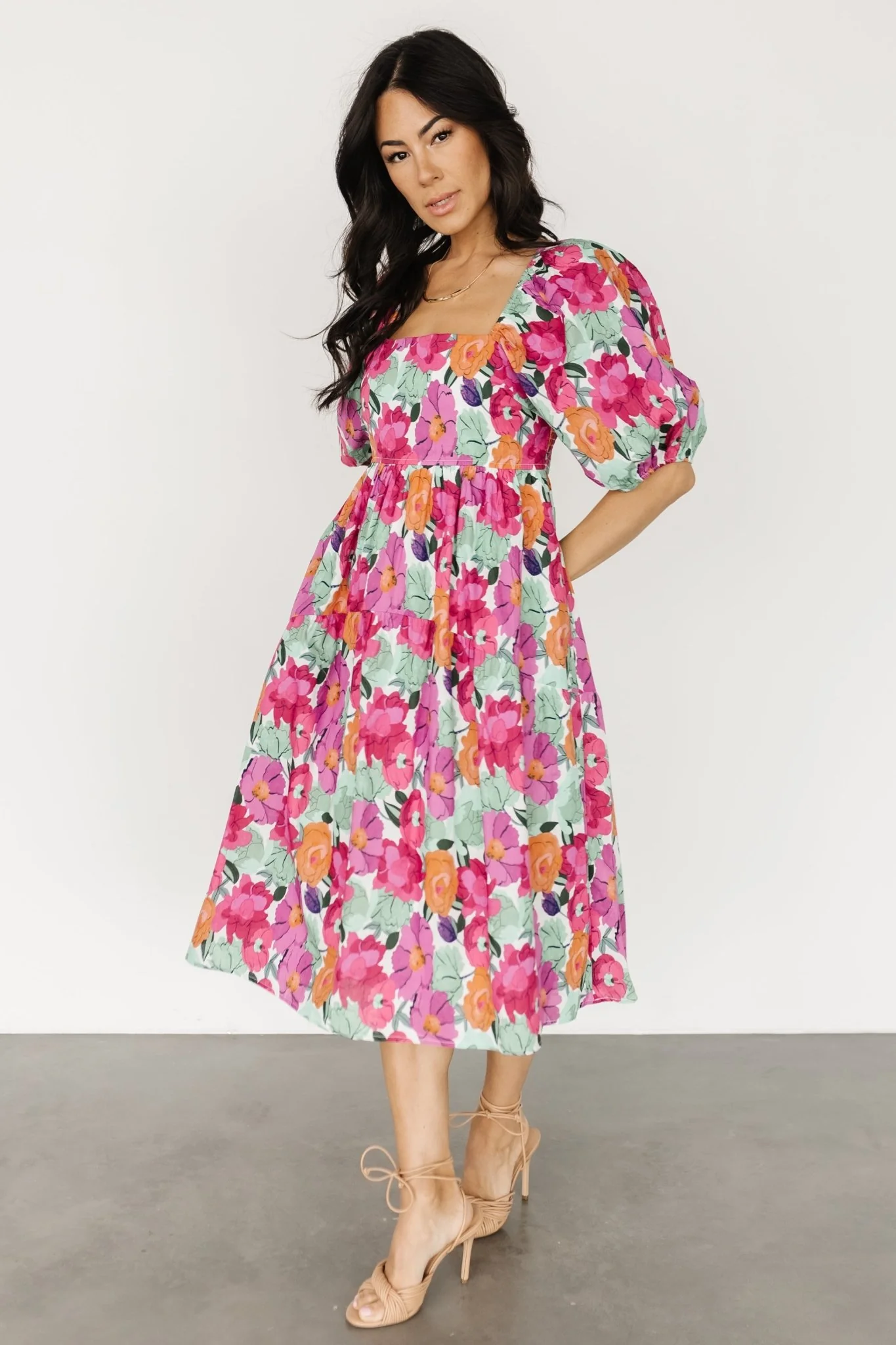 Aimee Puff Sleeve Midi Dress | Pink Multi