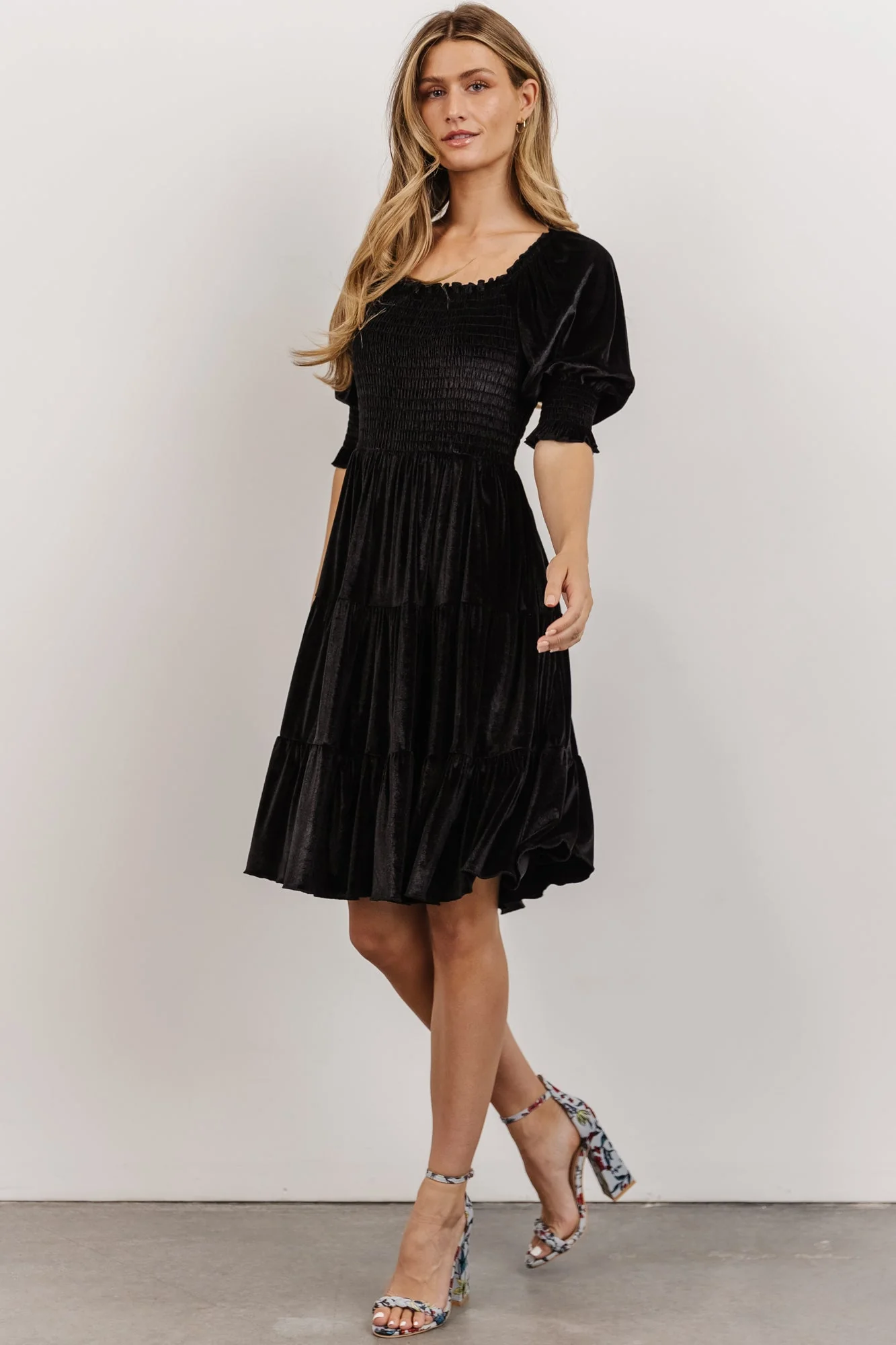 Bliss Smocked Velvet Short Dress | Black