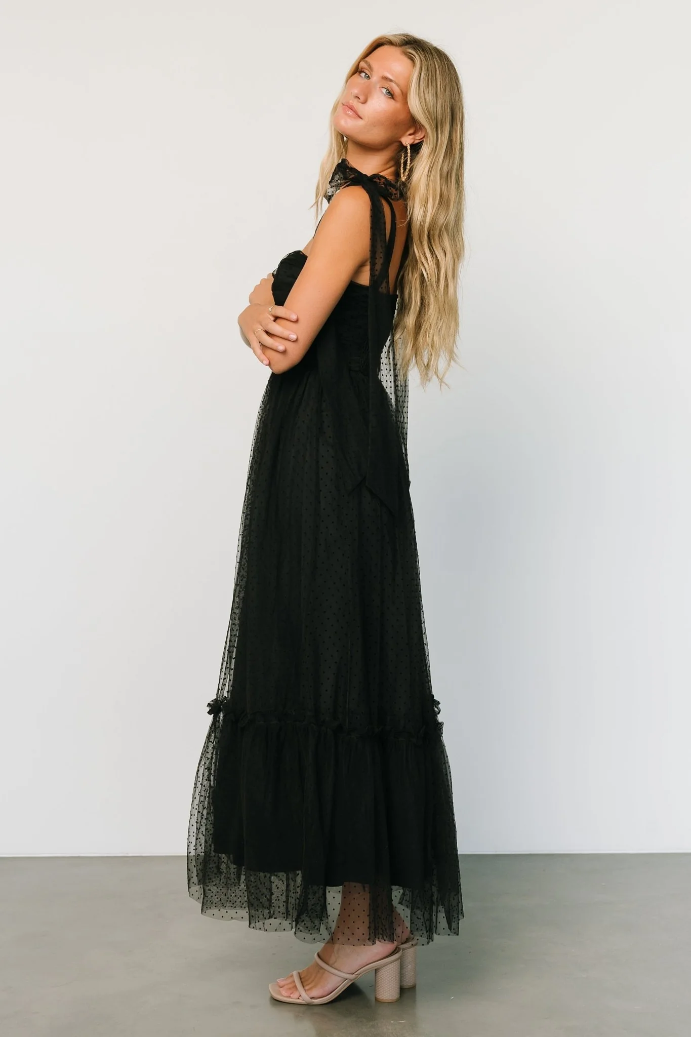 Mavani Swiss Dot Tulle Maxi Dress | Black
