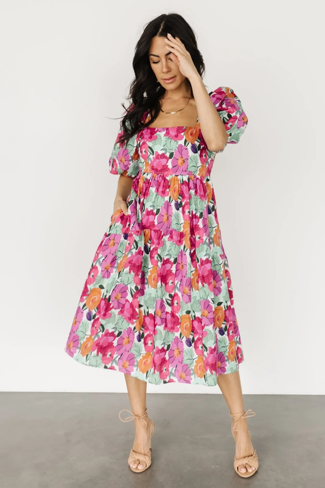 Aimee Puff Sleeve Midi Dress | Pink Multi
