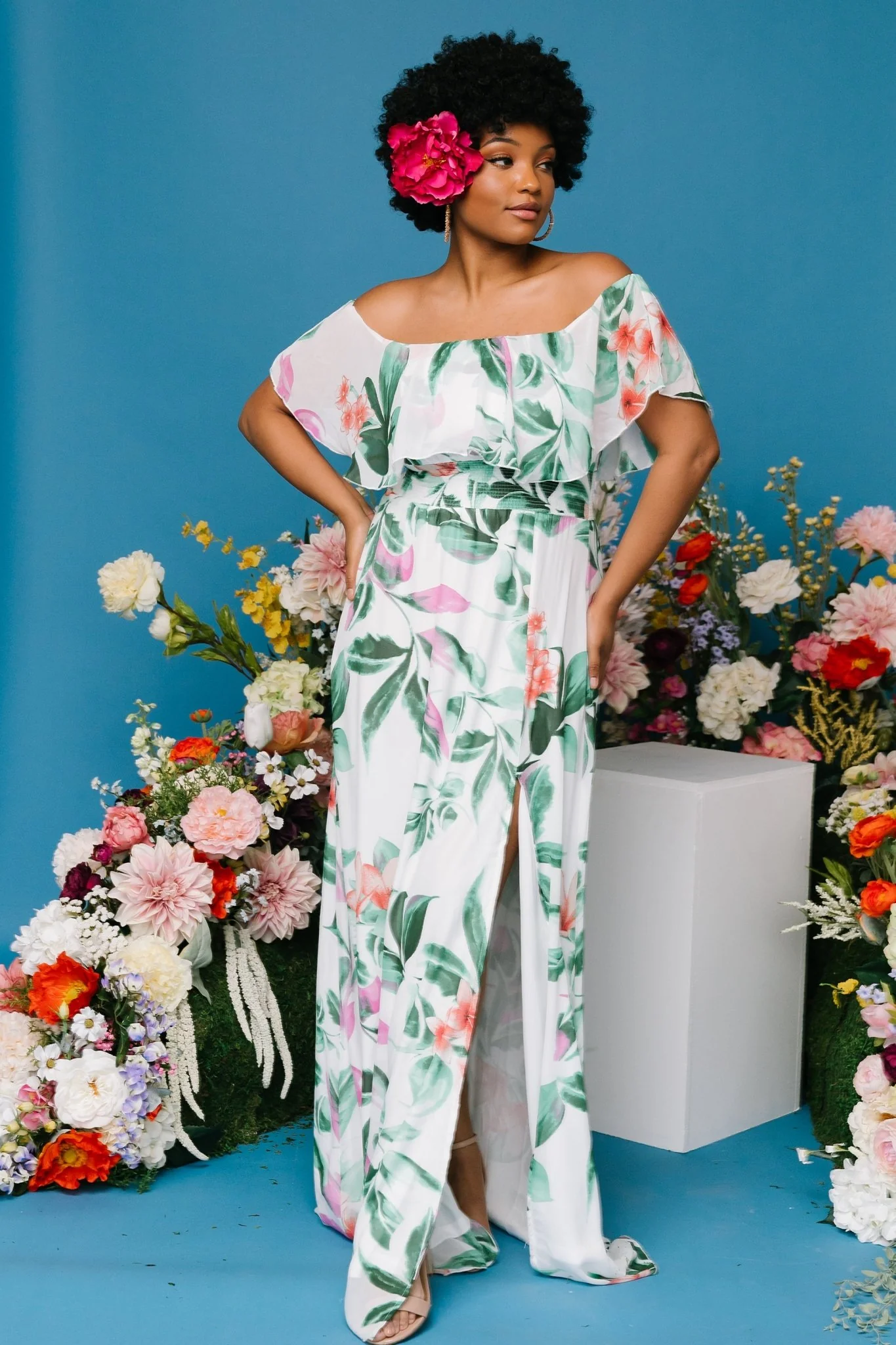 Daphne Off Shoulder Maxi Dress | White + Green Multi Floral