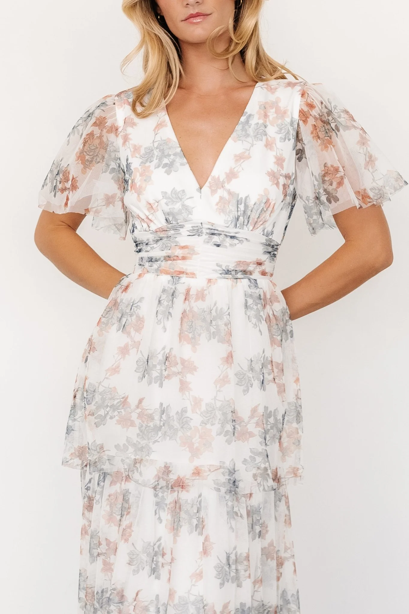 Elinor Tiered Tulle Dress | Off White + Peach Floral