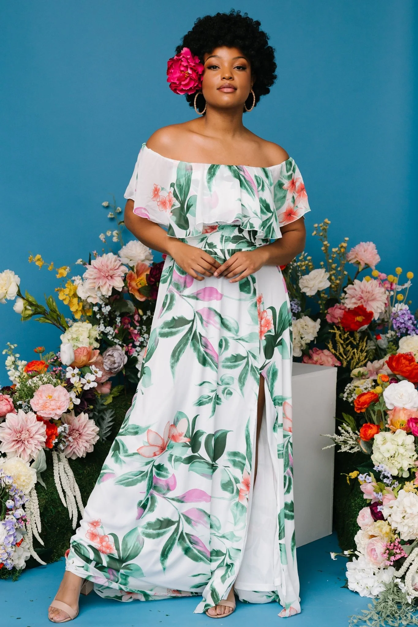 Daphne Off Shoulder Maxi Dress | White + Green Multi Floral