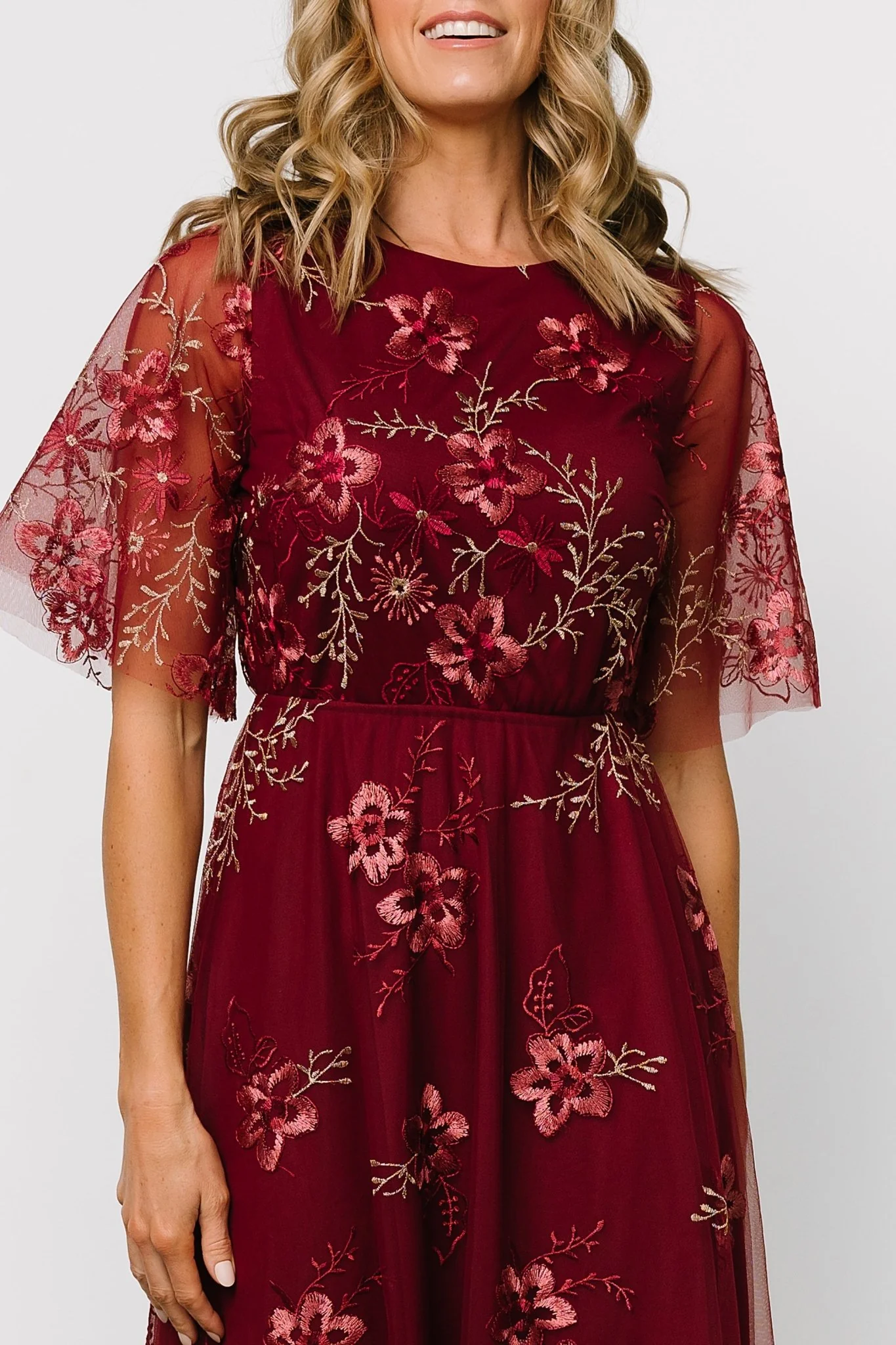 Arabella Embroidered Tulle Maxi Dress | Burgundy Floral