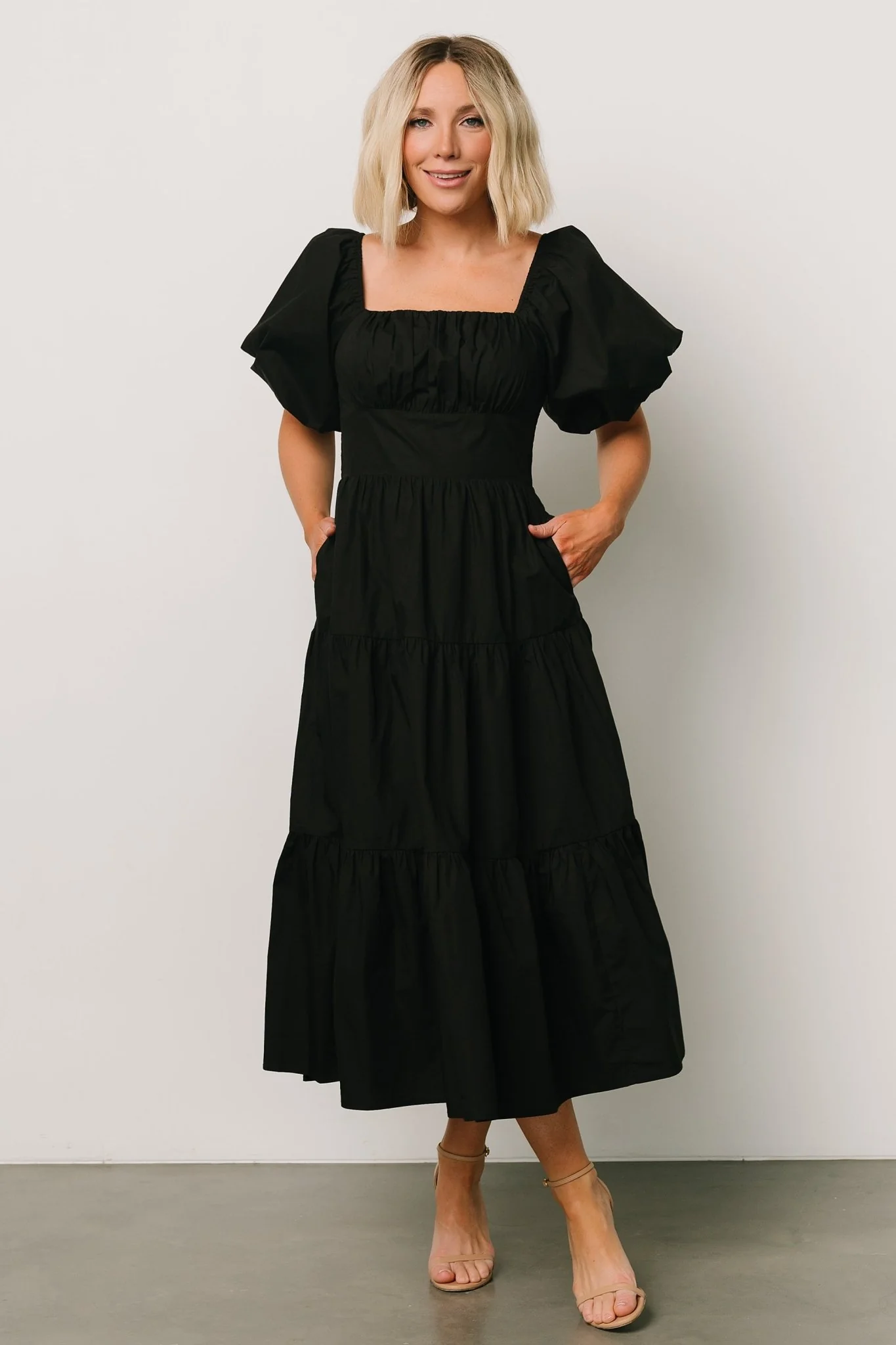 Cindy Puff Sleeve Tiered Dress | Black