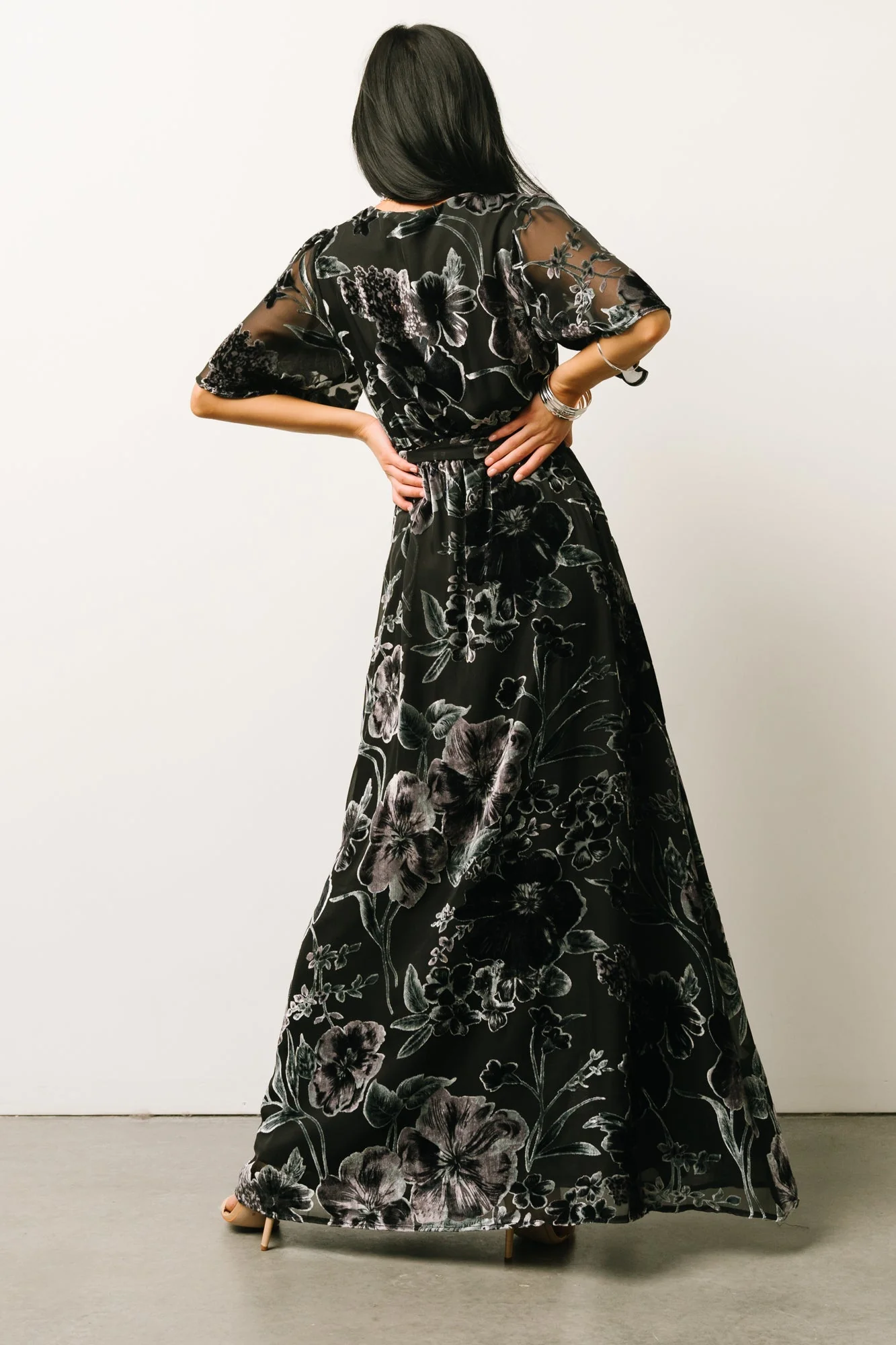 Uma Velvet Maxi Dress | Black + Silver Floral