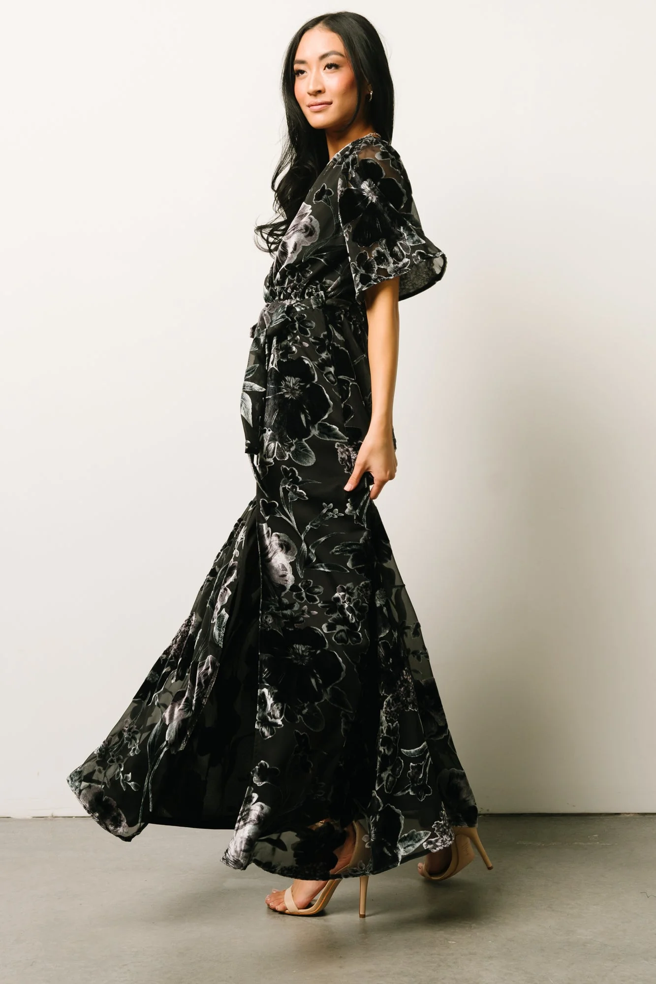 Uma Velvet Maxi Dress | Black + Silver Floral