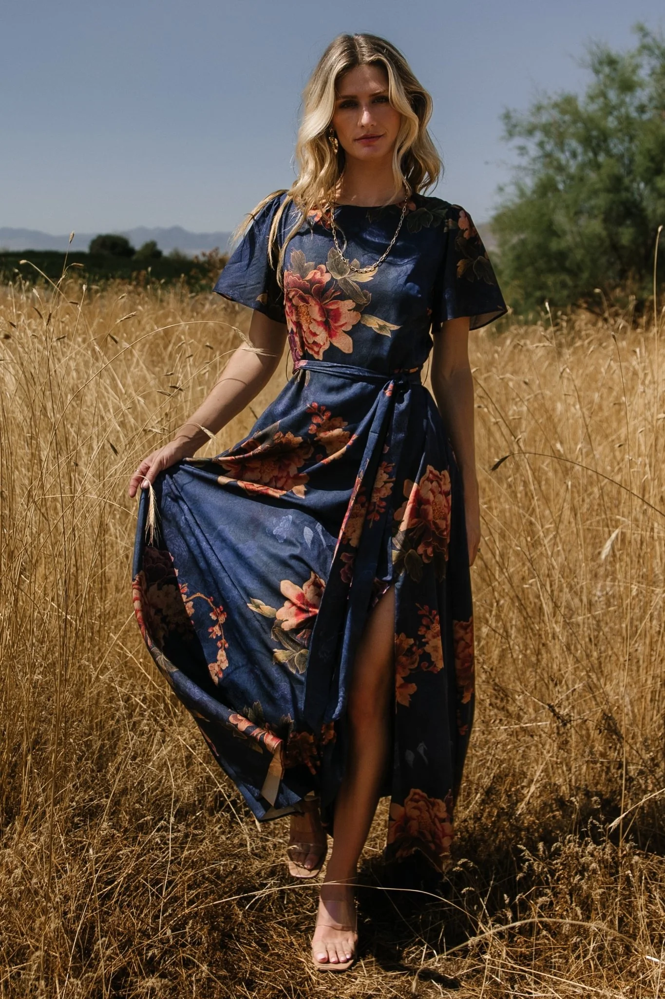 Agnes Satin Maxi Dress | Navy Floral